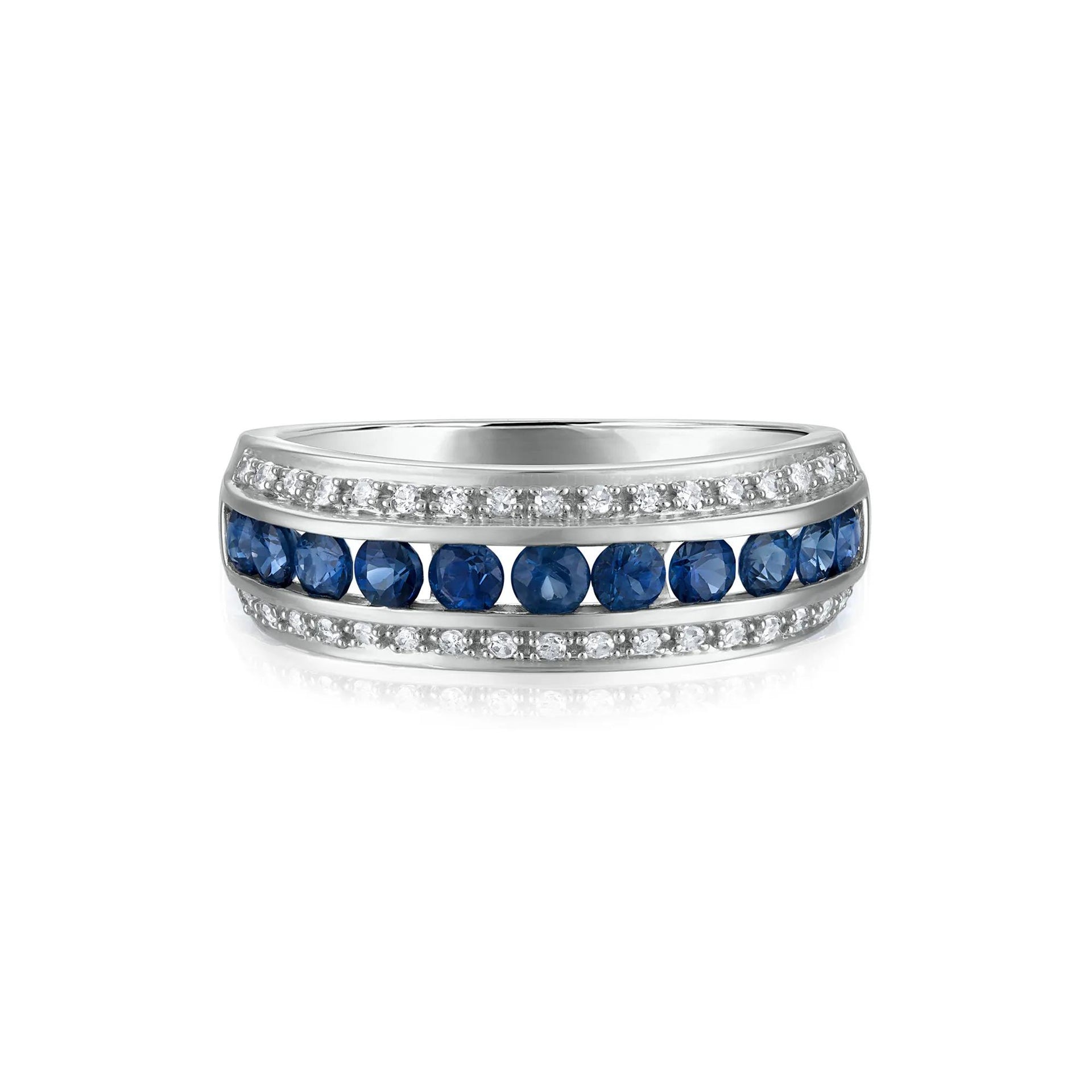1/7 CT. Tw. Blue Sapphire and Diamond Band Ring 10K White Gold Round Brilliant Cut Size 7 3.5mm