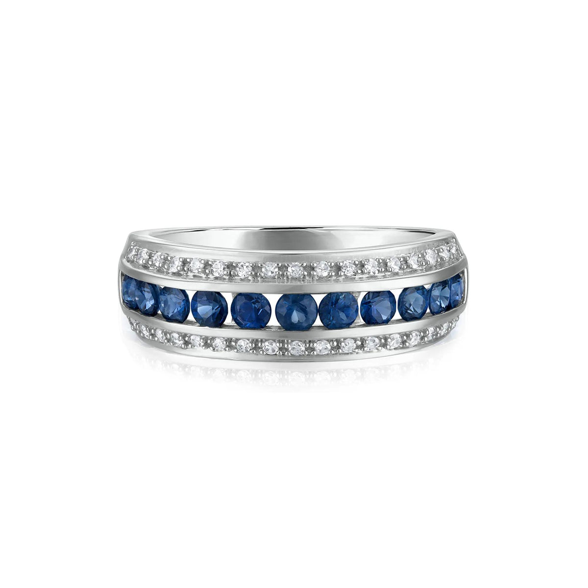 1/7 CT. Tw. Blue Sapphire and Diamond Band Ring 10K White Gold Round Brilliant Cut Size 6.5 3.5mm