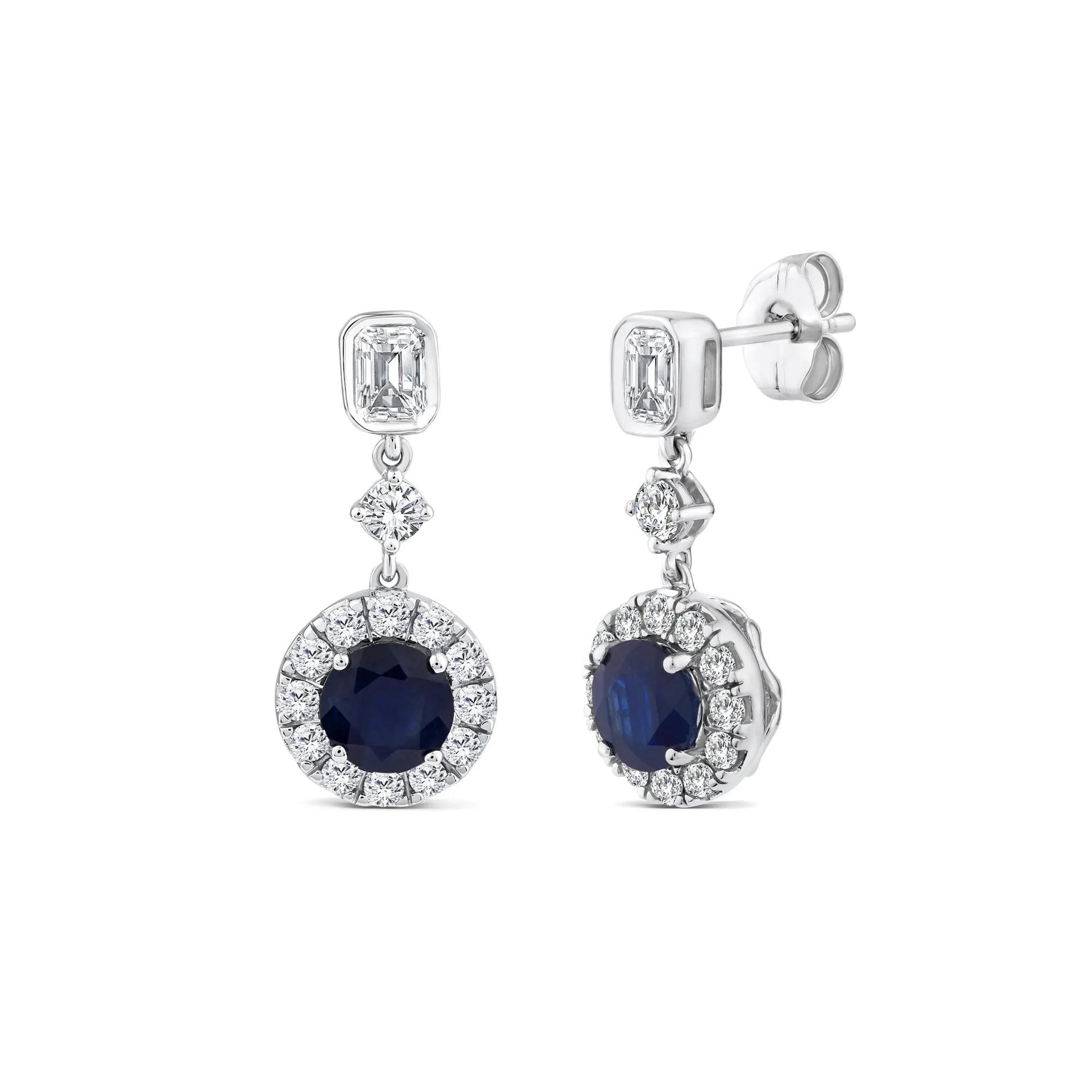 3/4 CT. Tw. Blue Sapphire and Diamond Halo Drop Earring 10K White Gold Size 5.10mm