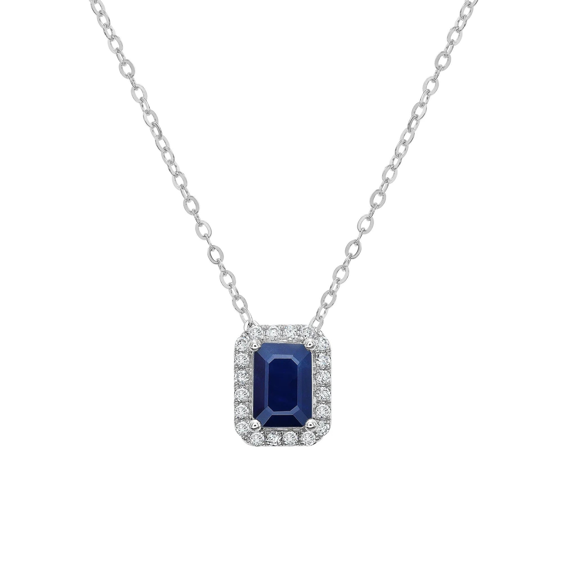 1/10 CT. Tw. Blue Sapphire & Diamond Halo Pendant Necklace 14K White Gold Size 18"
