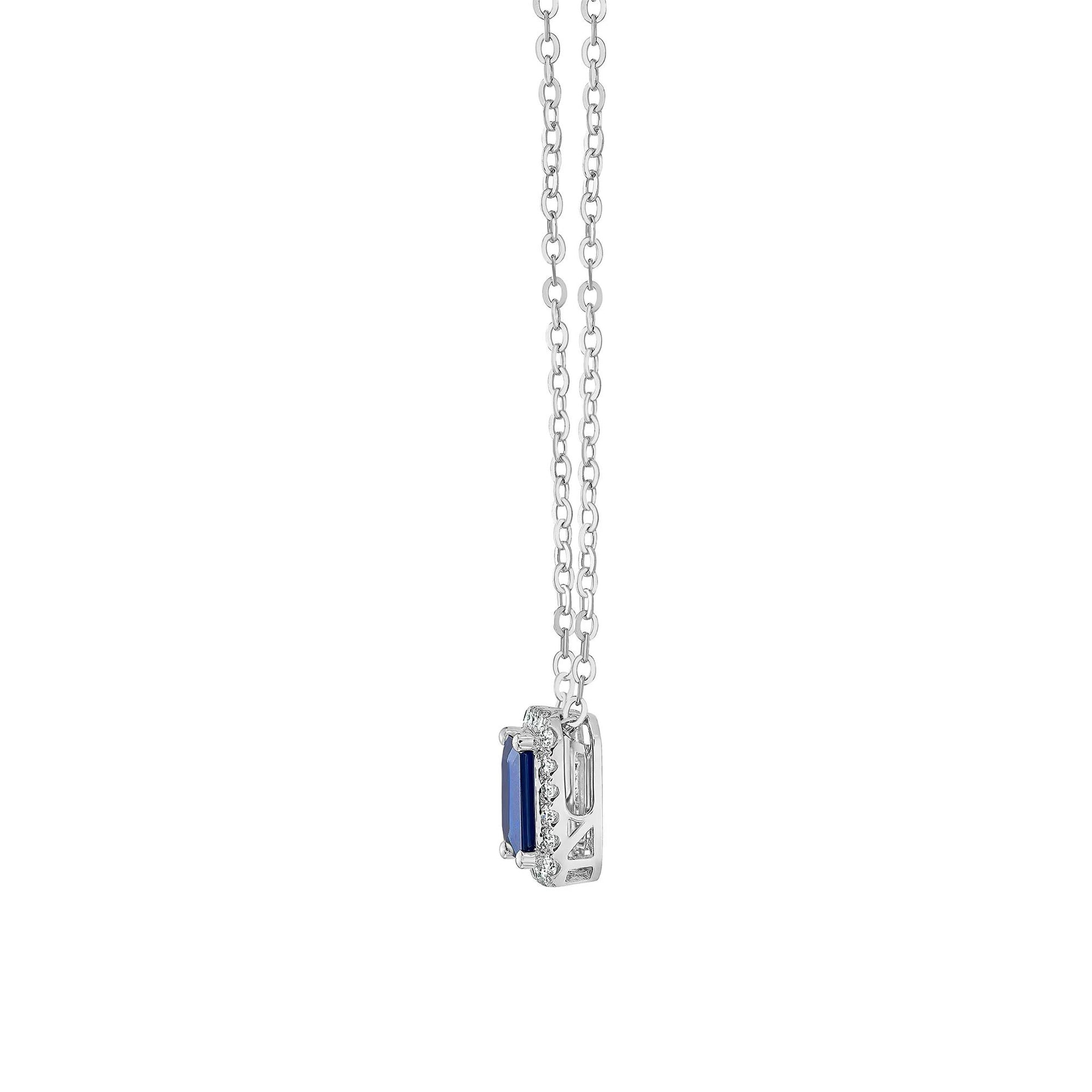 1/10 CT. Tw. Blue Sapphire & Diamond Halo Pendant Necklace 14K White Gold Size 18"