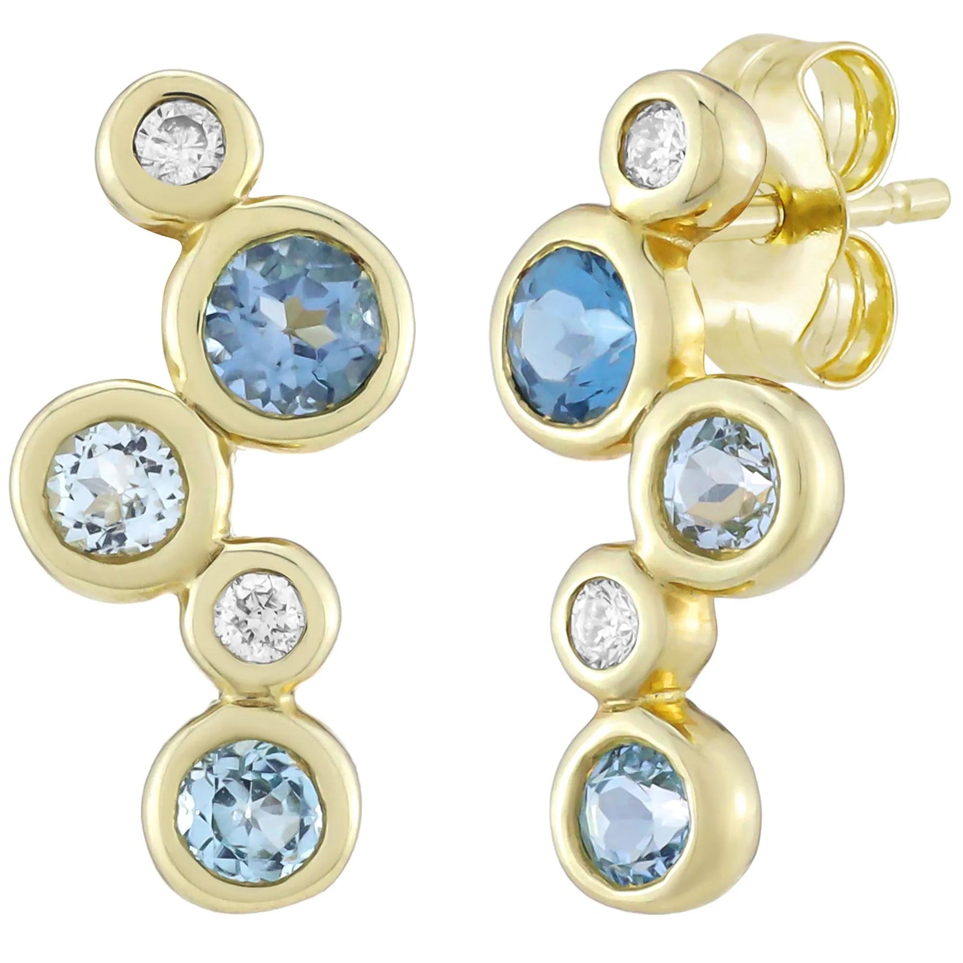 Blue Topaz and Diamond Bezel Drop Earrings 10K Yellow Gold Size 7.40mm