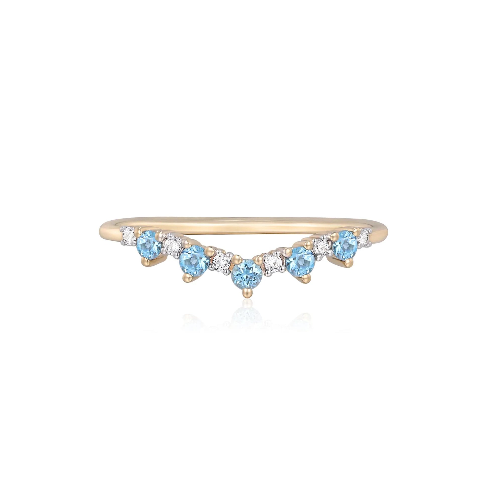 Blue Topaz and Lab-Created White Sapphire Contour Ring 10K Yellow Gold Round Brilliant Cut Size 8 1mm