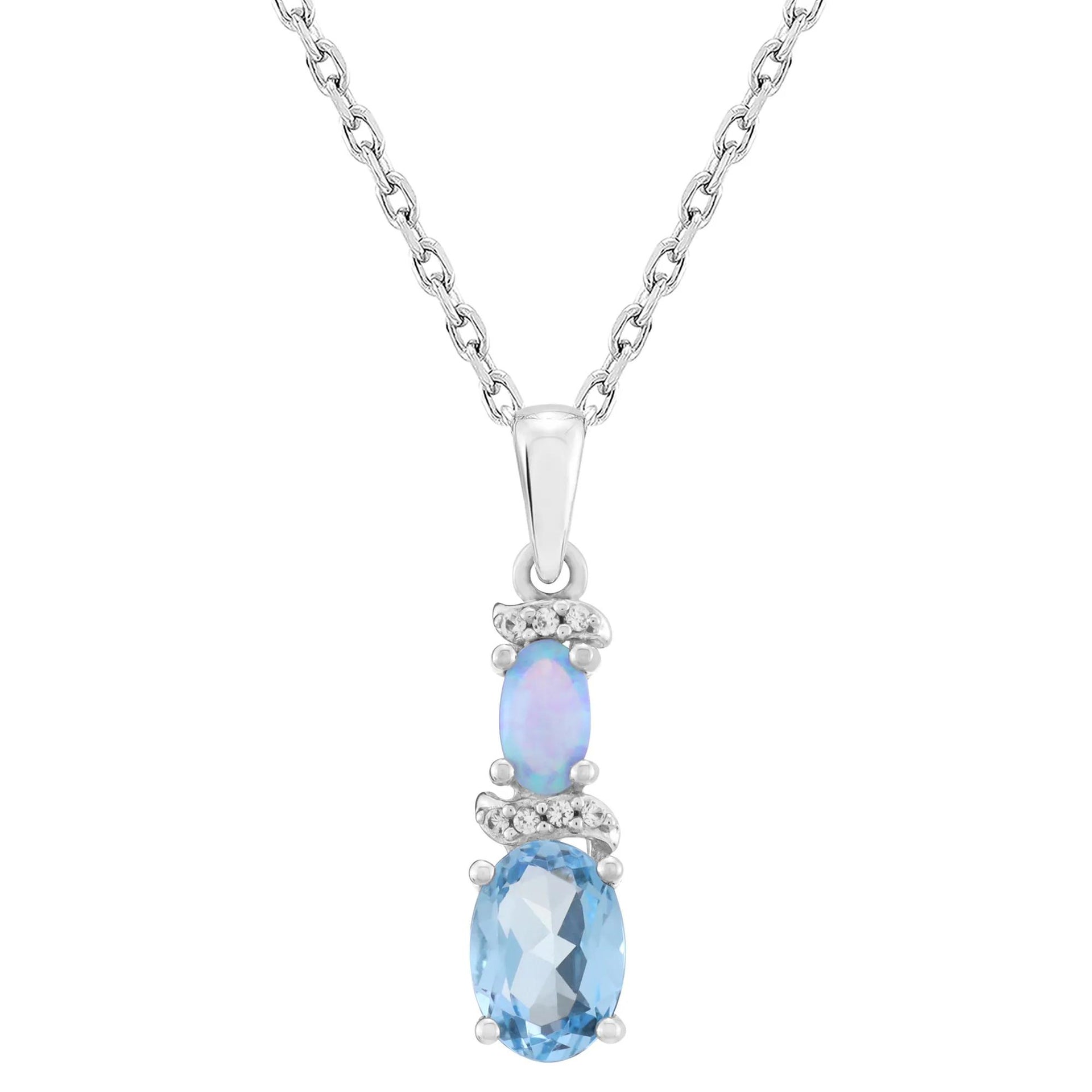 Blue Topaz Lab-Created Blue Opal & Lab-Created White Sapphire Pendant Necklace .925 Sterling Silver Size 18"