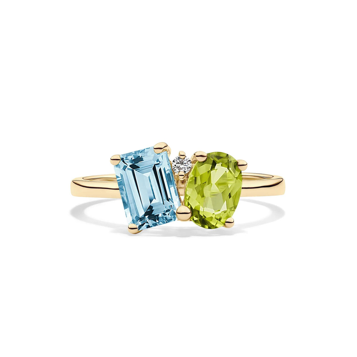 Blue Topaz Peridot and Diamond Toi Et Moi Ring 10K Yellow Gold Size 7 2mm