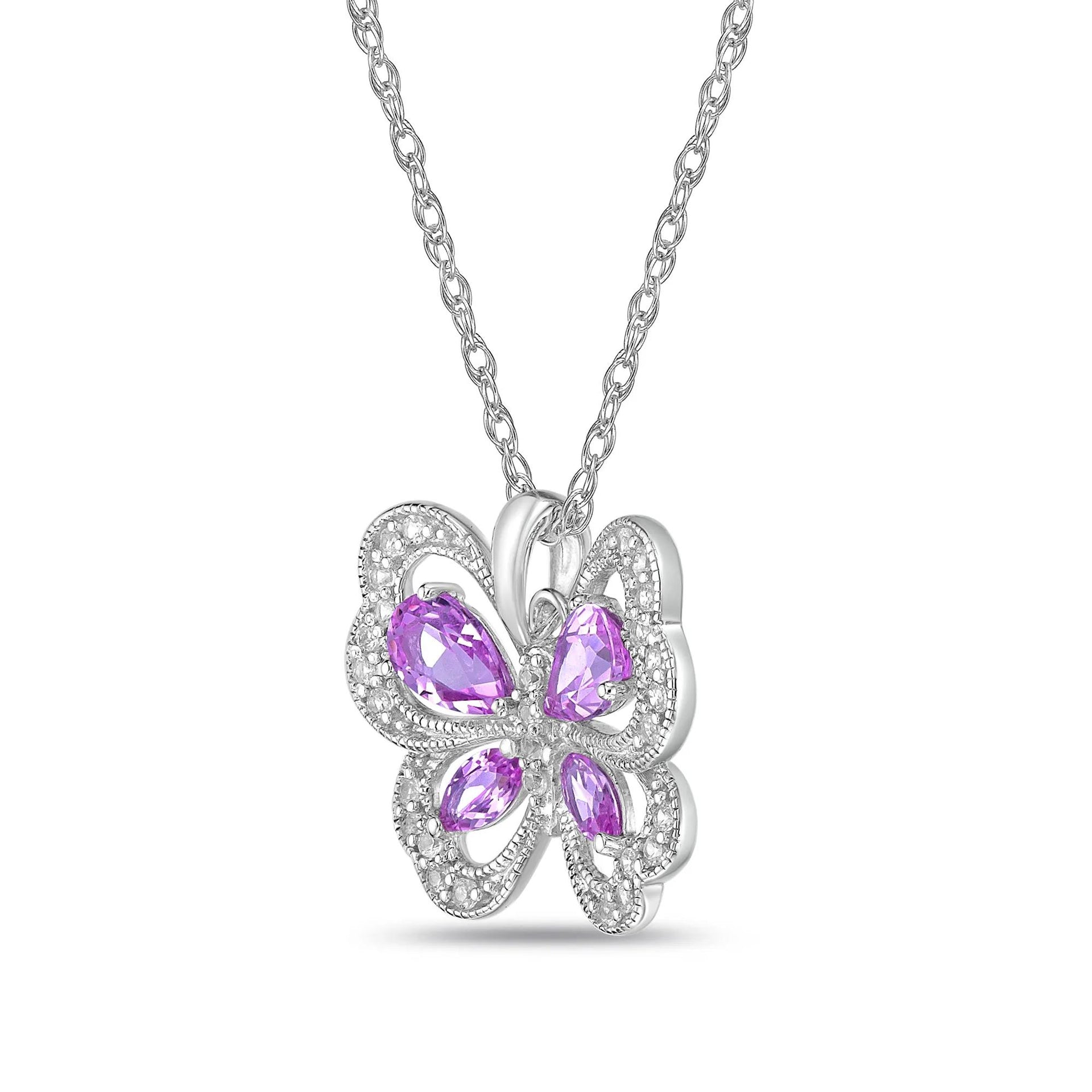 Butterfly Pendant Necklace with Lab-Created Pink Sapphires and Lab-Created White Sapphires .925 Sterling Silver Size 18"