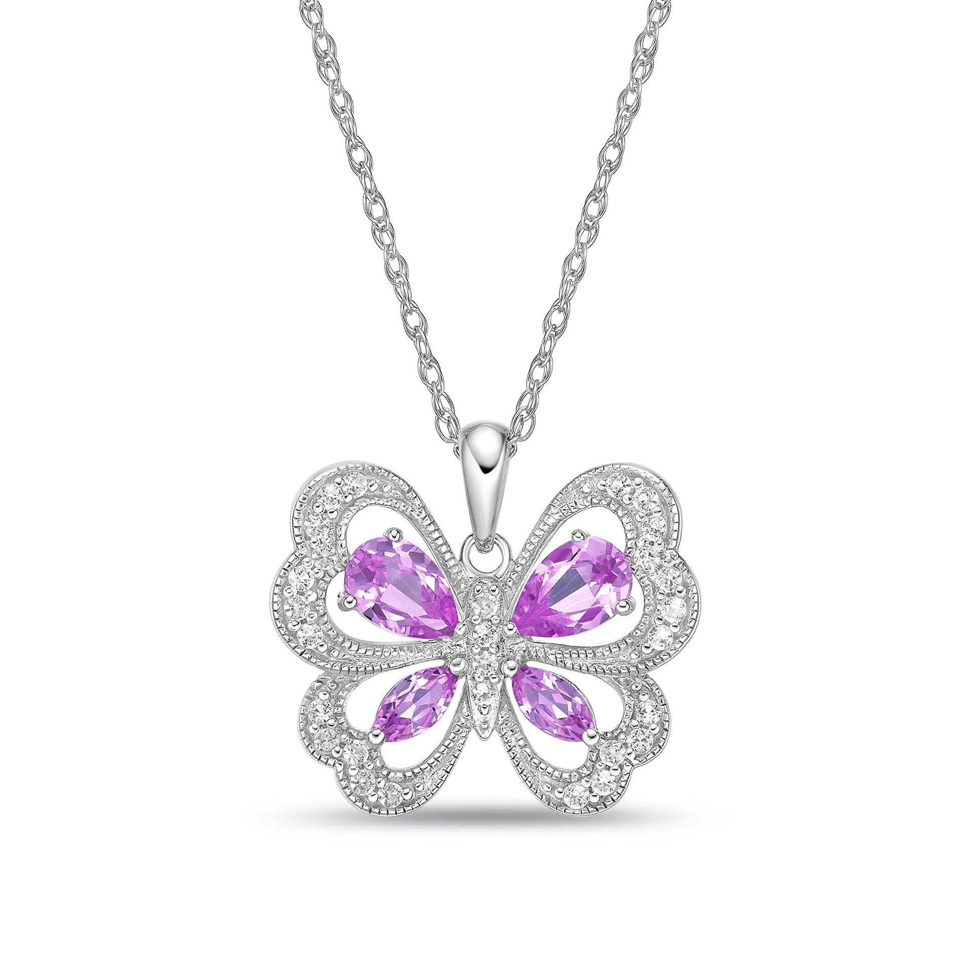 Butterfly Pendant Necklace with Lab-Created Pink Sapphires and Lab-Created White Sapphires .925 Sterling Silver Size 18"