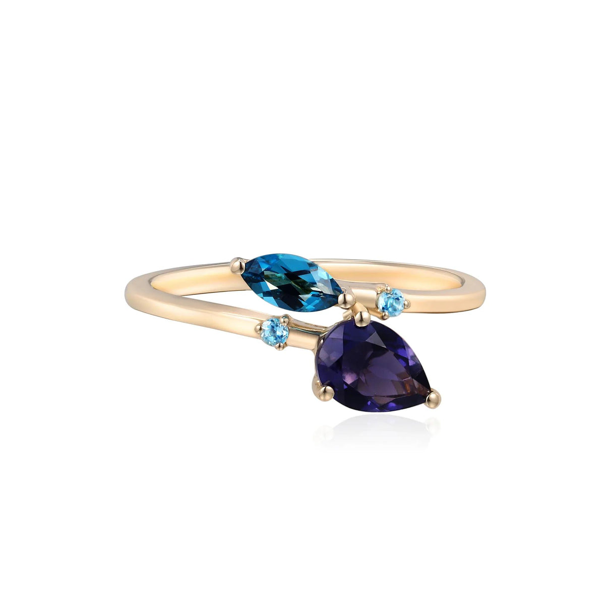 Bypass Ring with Iolite London Blue Topaz and Swiss Blue Topaz 10K Yellow Gold Round Brilliant Cut Size 9