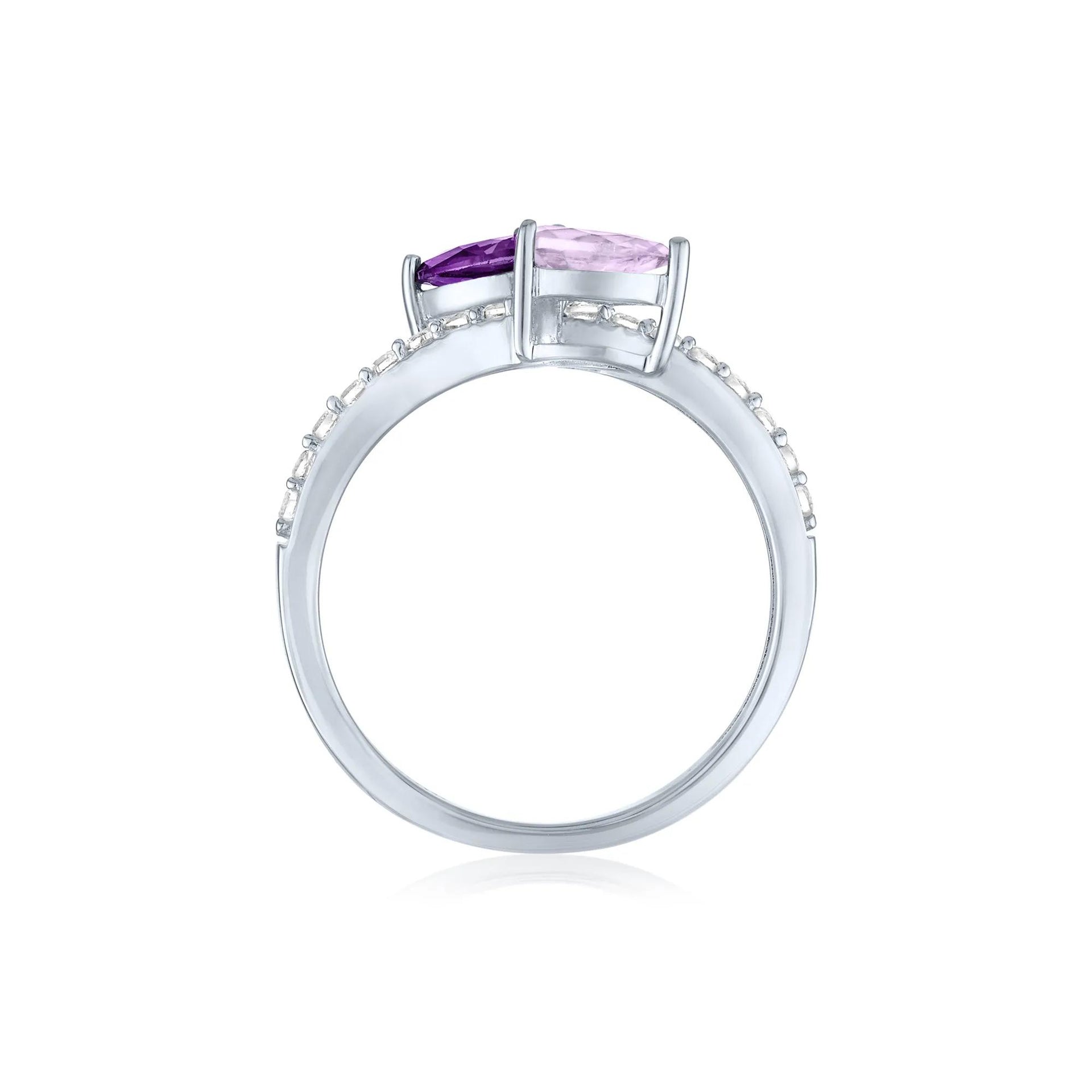 Bypass Ring with Purple and Pink Amethysts and Lab-Created White Sapphires .925 Sterling Silver Size 8.5 1mm