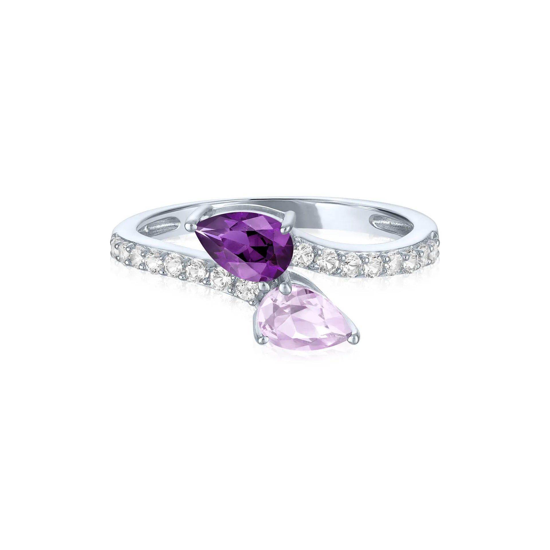 Bypass Ring with Purple and Pink Amethysts and Lab-Created White Sapphires .925 Sterling Silver Size 8.5 1mm