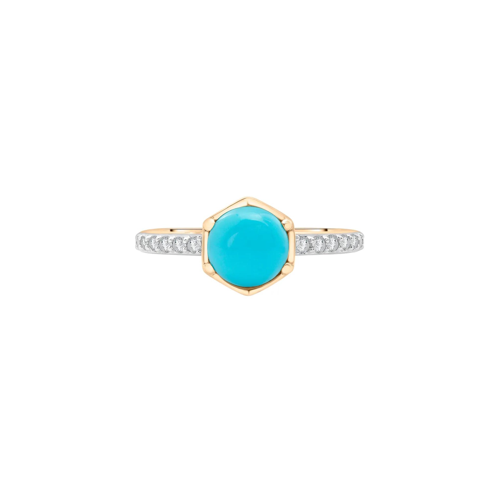 Cabochon Turquoise and White Topaz Ring 10K Yellow Gold Size 8.5 2mm