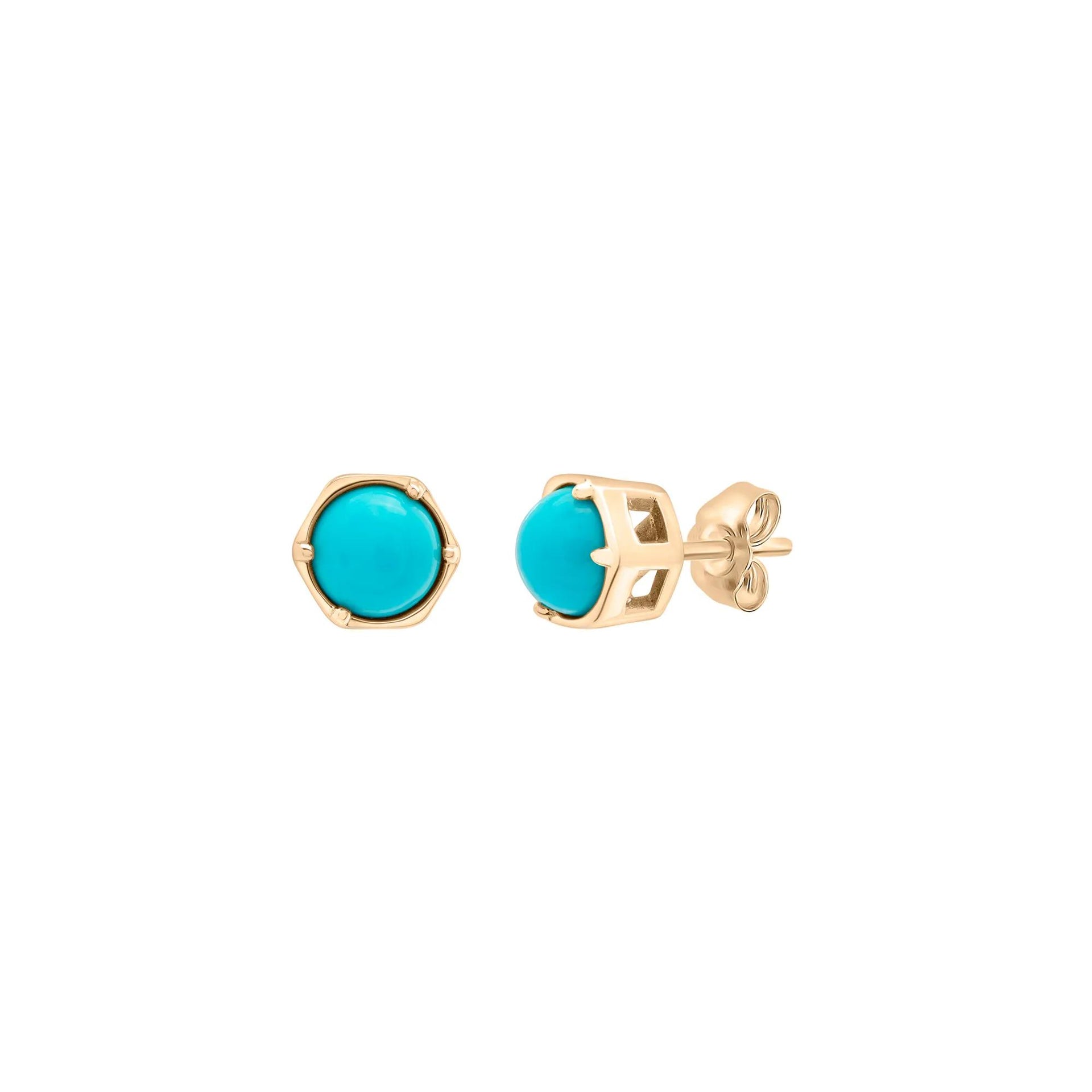 Cabochon Turquoise Stud Earrings 10K Yellow Gold Size 6.90mm