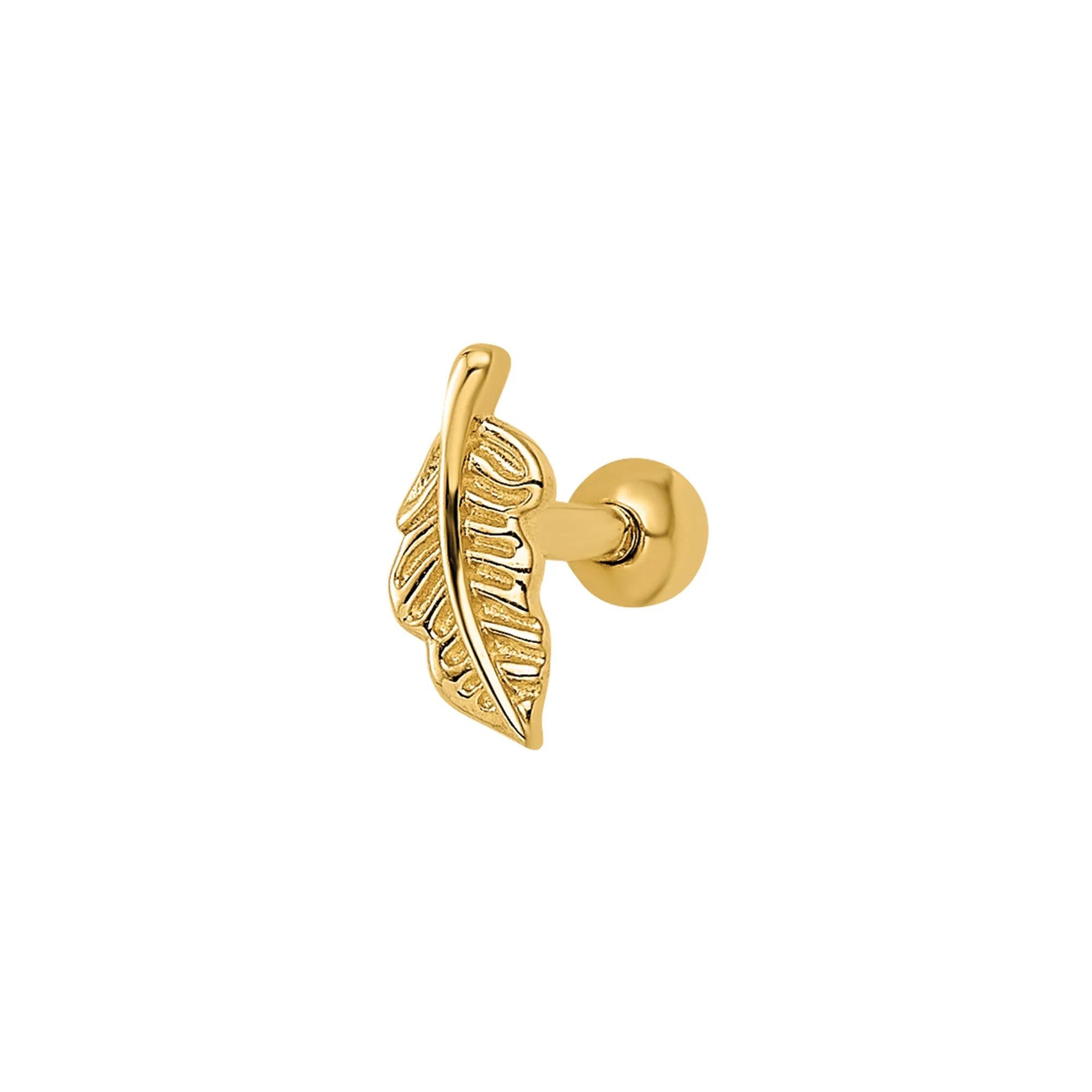 Cartilage-Friendly Leaf Labret Stud 14K Yellow Gold 16 Gauge Size 2.60mm