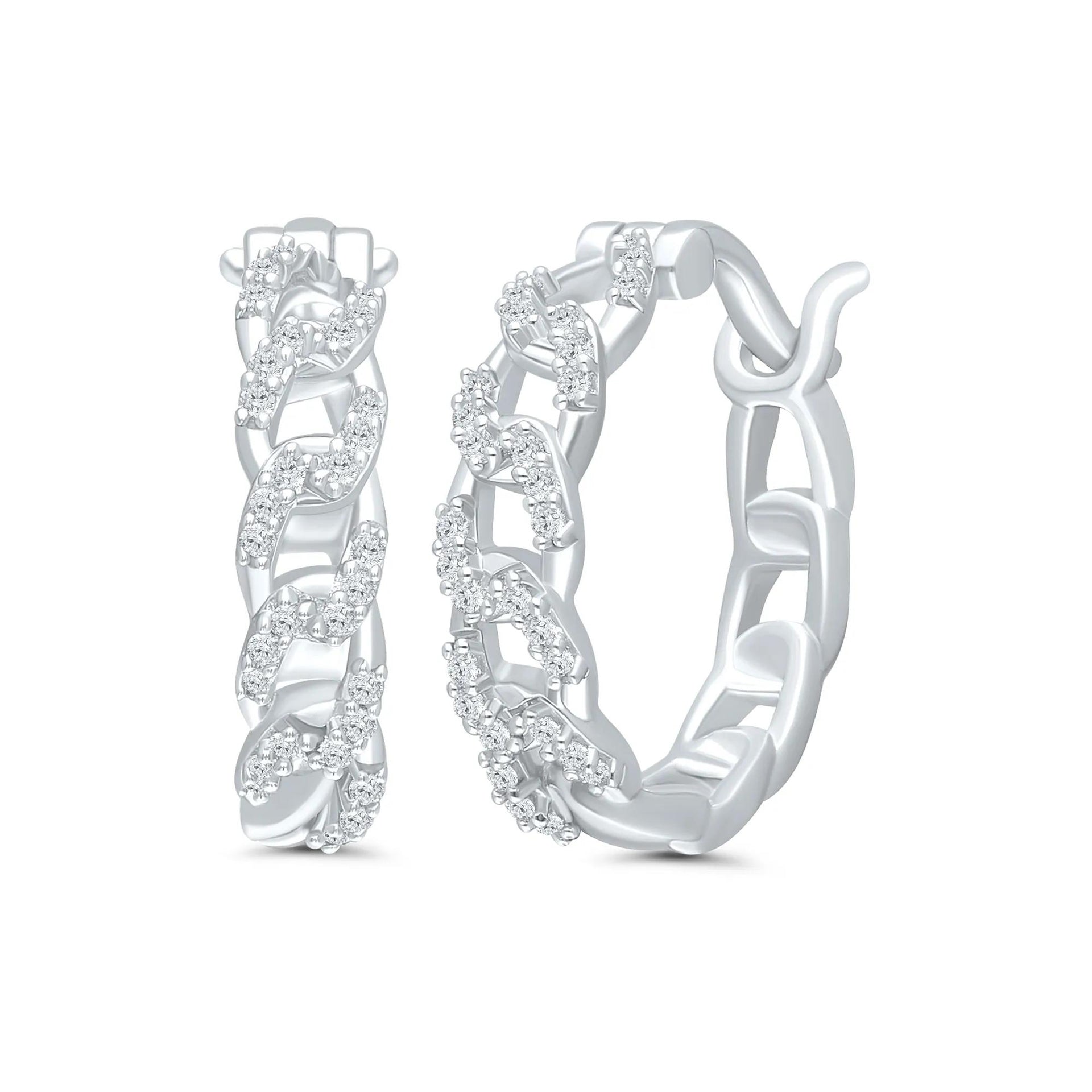 1/5 CT. Tw. Chain Link Hoop Earrings .925 Sterling Silver White Size 16.00mm