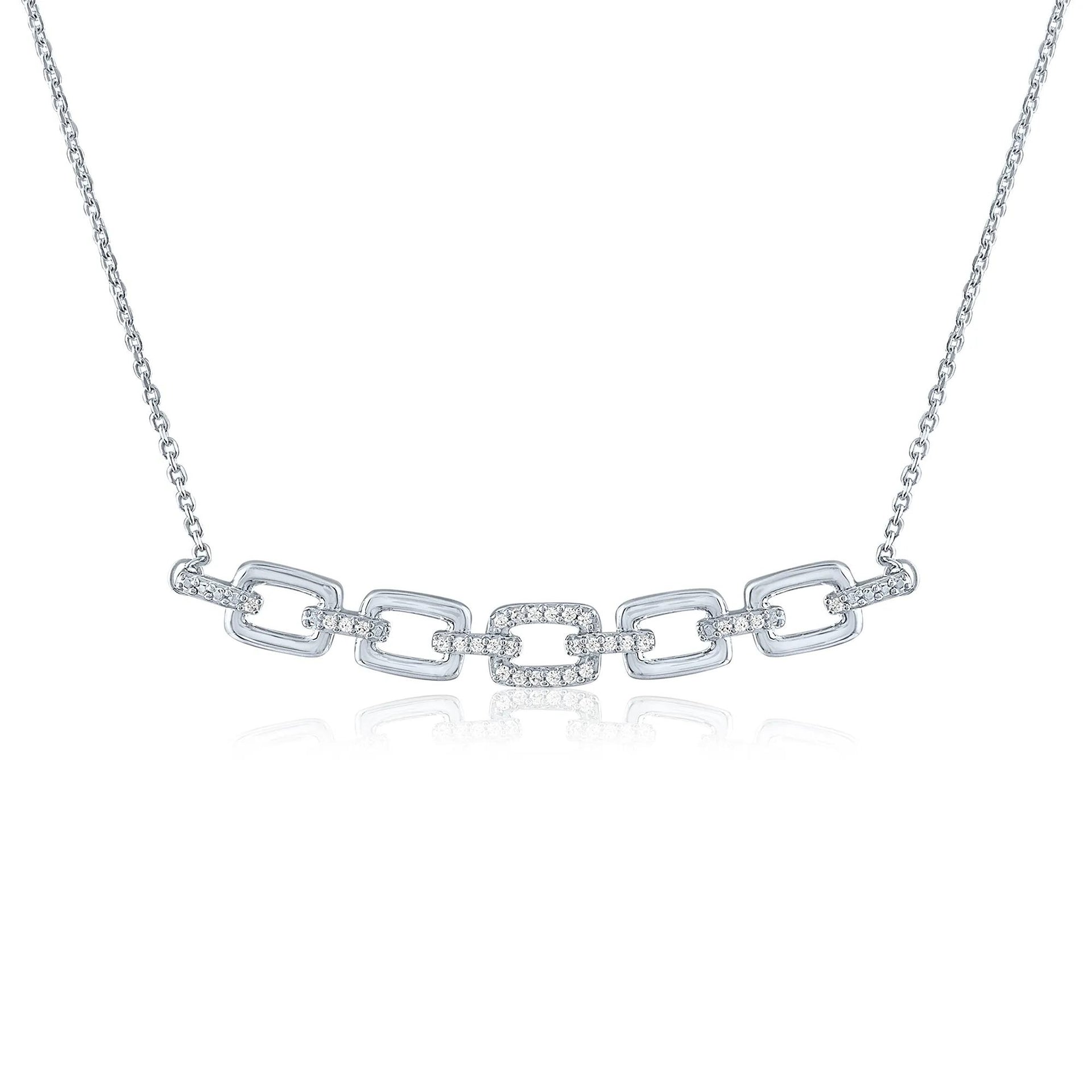 Chain Link Smile Necklace with Diamond Accents .925 Sterling Silver White Size 18"