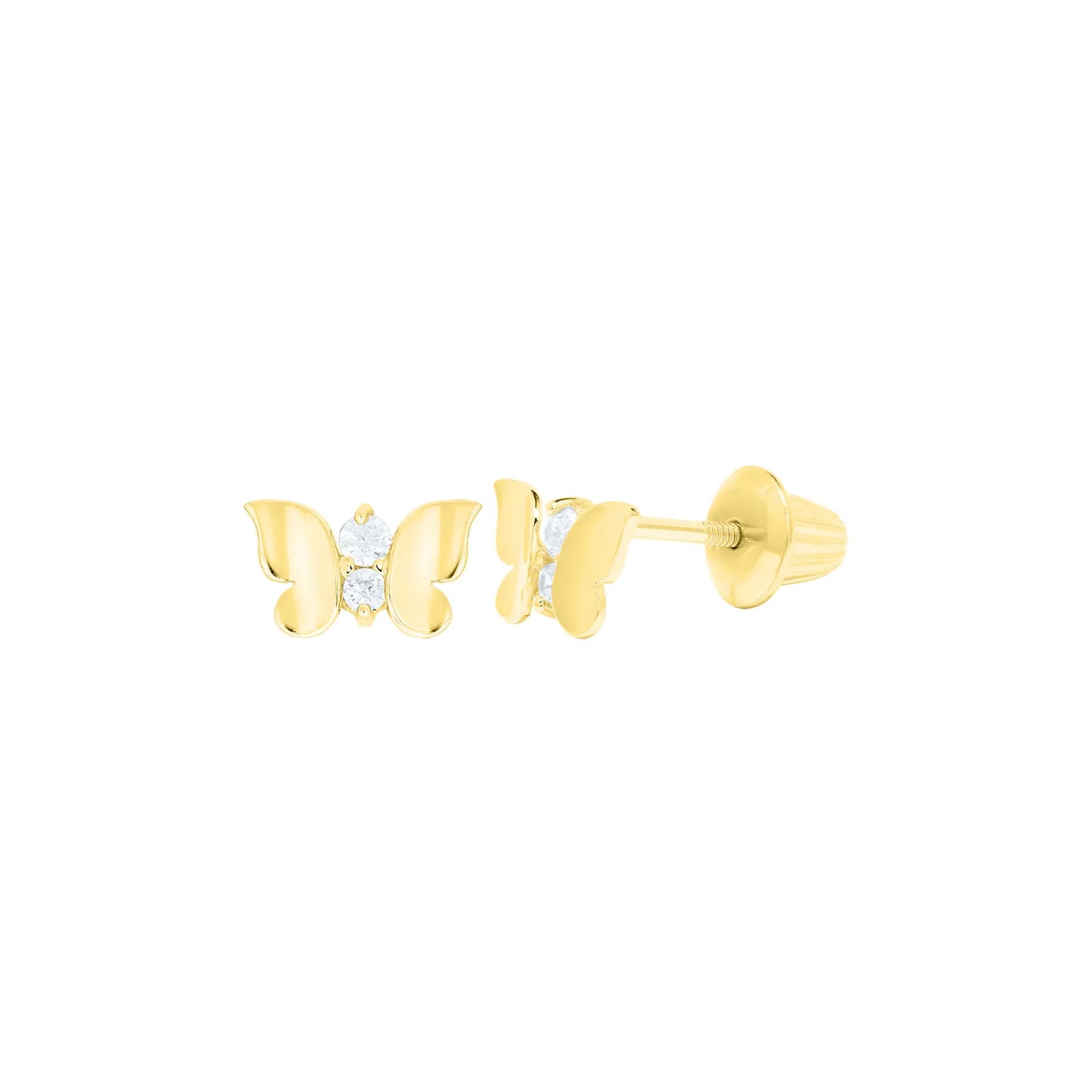 Children’s Butterfly Stud Earrings with Cubic Zirconia 14K Yellow Gold Size 10.00mm