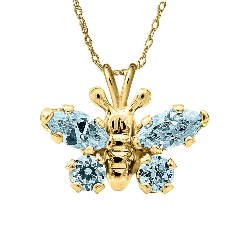 Children's Cubic Zirconia Pendant Necklace with Blue Butterfly 14K Yellow Gold Size 15"