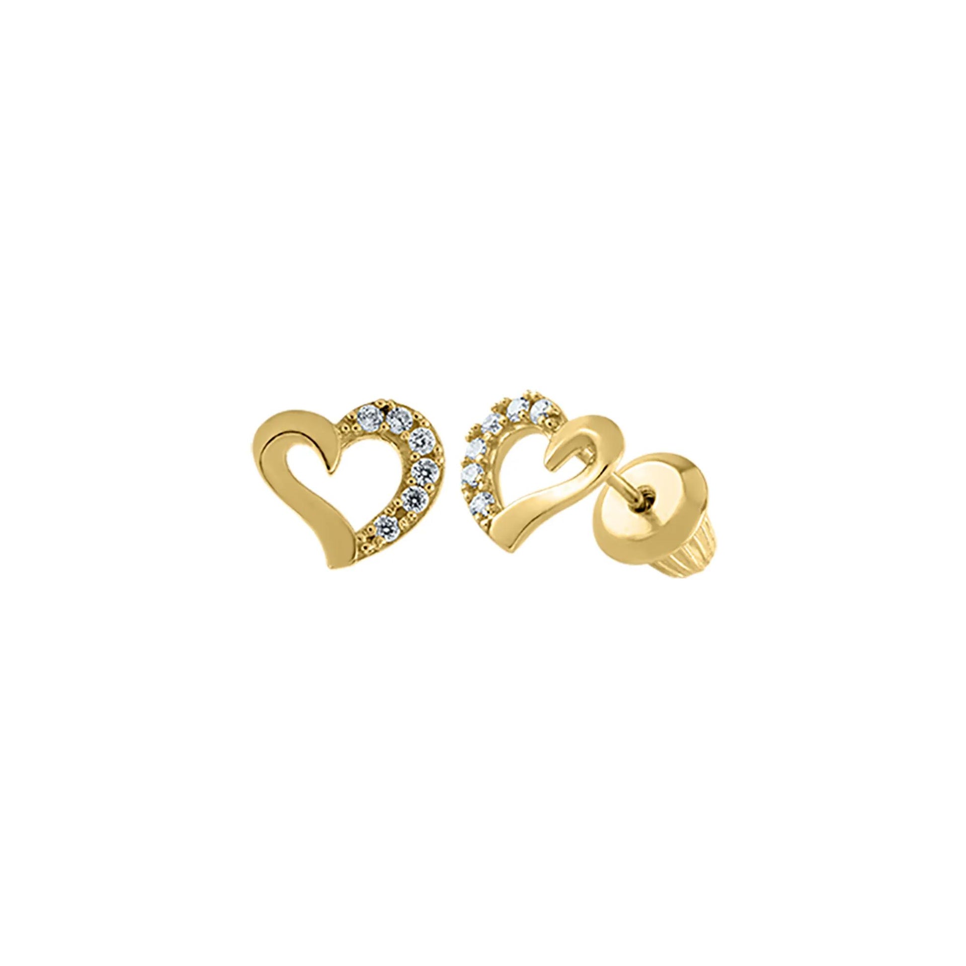 Children's Heart Stud Earrings with Cubic Zirconia 14K Yellow Gold Size 7.00mm