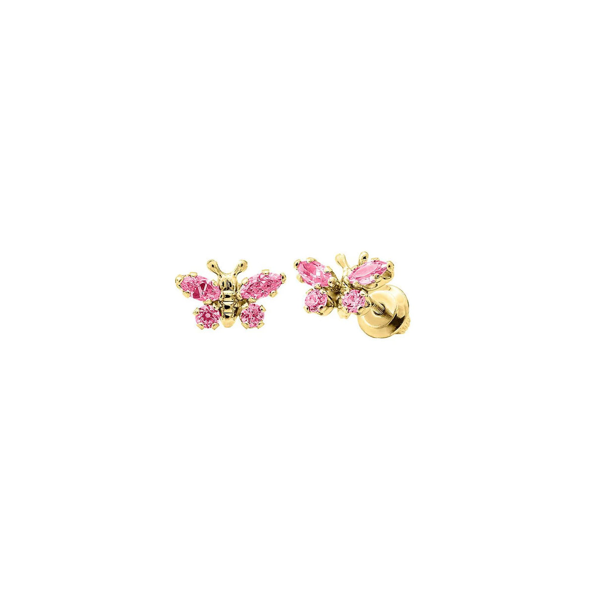 Children's Lab Created Pink Crystal Butterfly Stud Earrings 14K Yellow Gold Size 6.00mm