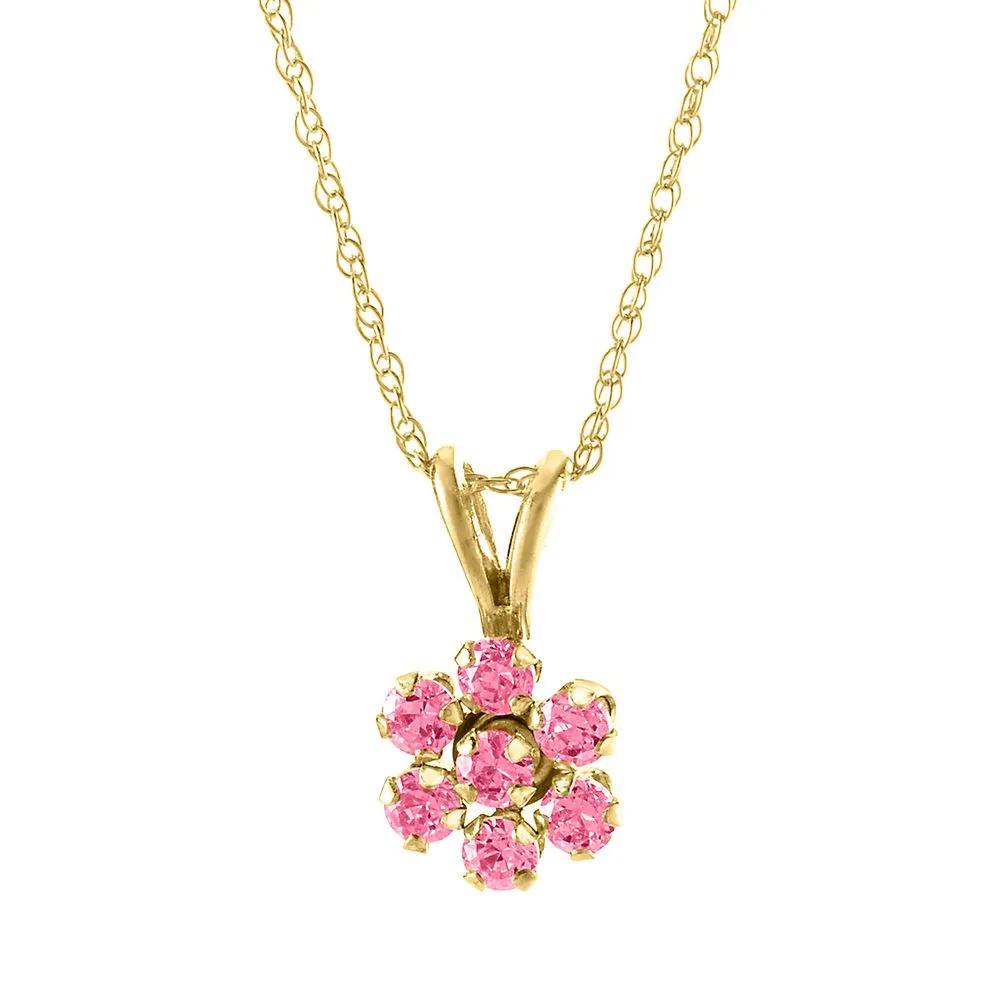Children's Pink Cubic Zirconia Flower Pendant Necklace 14K Yellow Gold Size 15"