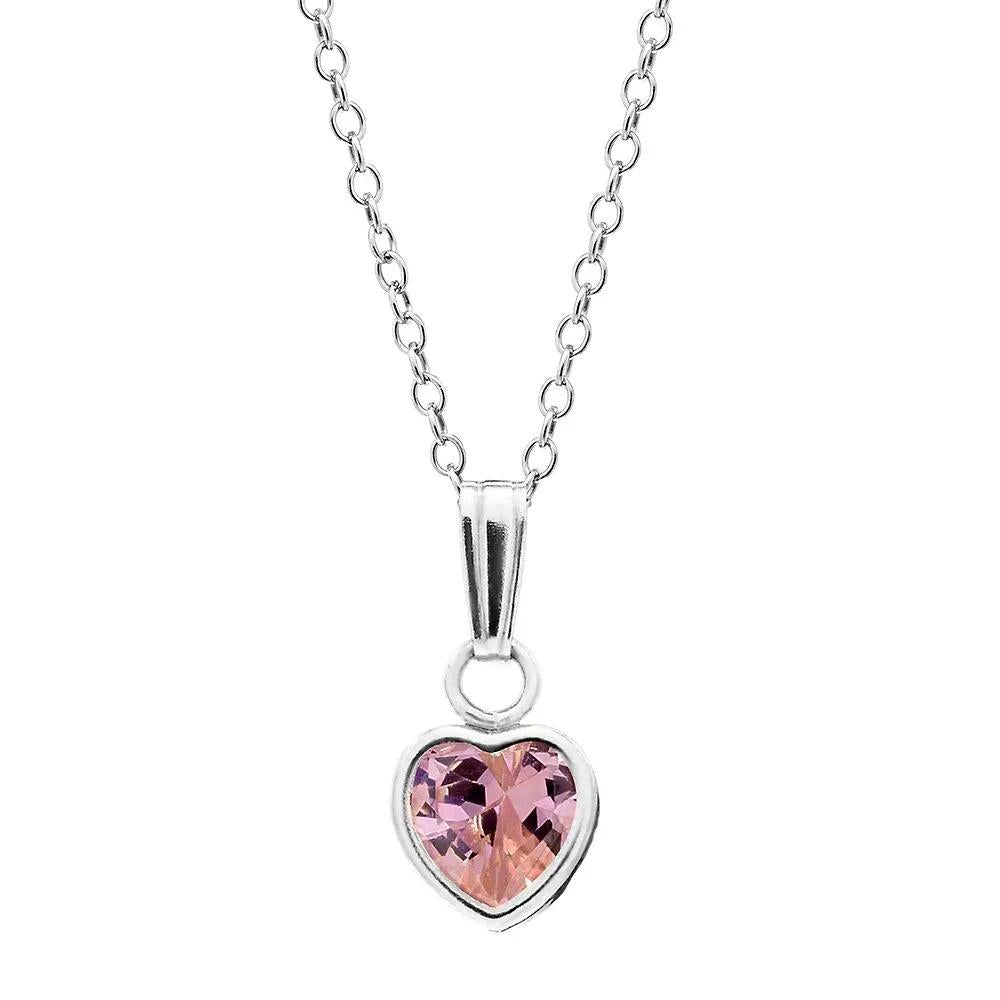 Children's Pink Cubic Zirconia Heart Pendant Necklace .925 Sterling Silver White Size 13"