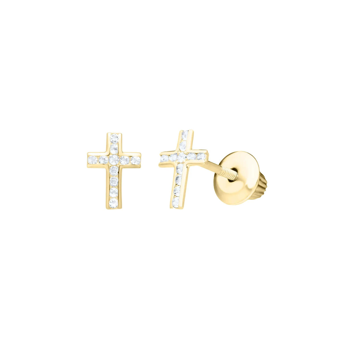 Children's White Topaz Cross Stud Earrings 14K Yellow Gold Size 5.00mm