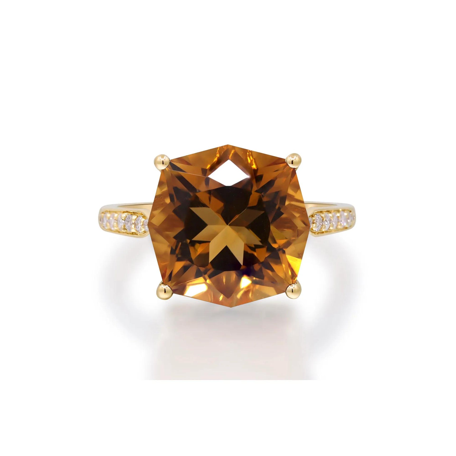 1/8 CT. Tw. Citrine & Diamond Cocktail Ring 10K Yellow Gold Size 5 2mm