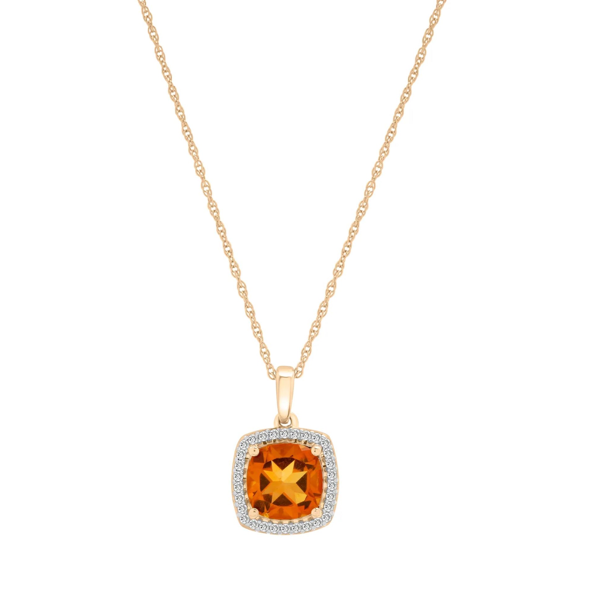 1/10 CT. Tw. Citrine and Diamond Halo Pendant Necklace 10K Yellow Gold Size 18"