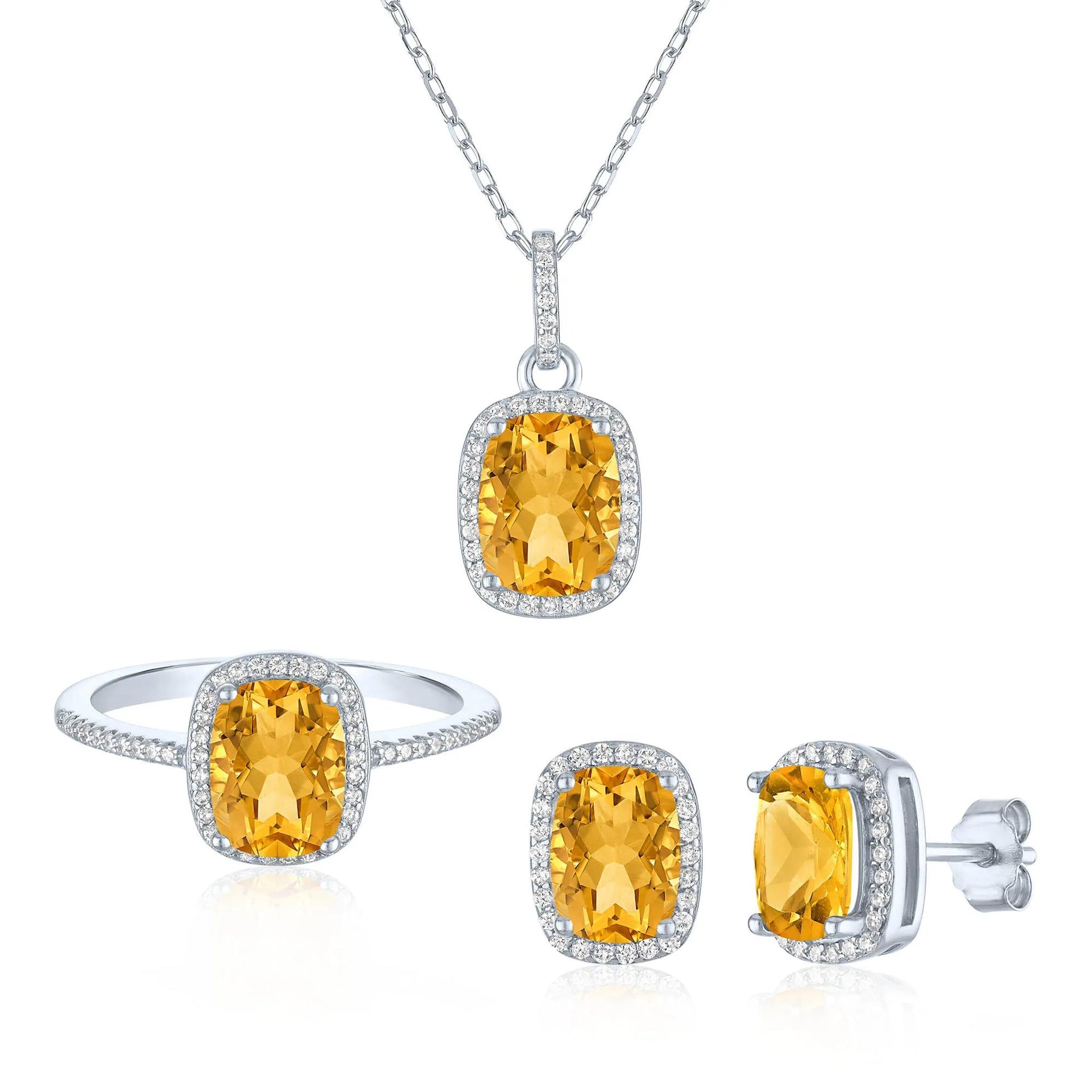 Citrine & Lab-Created White Sapphire Ring Earring and Pendant Box Set .925 Sterling Silver Size 8.5 1mm