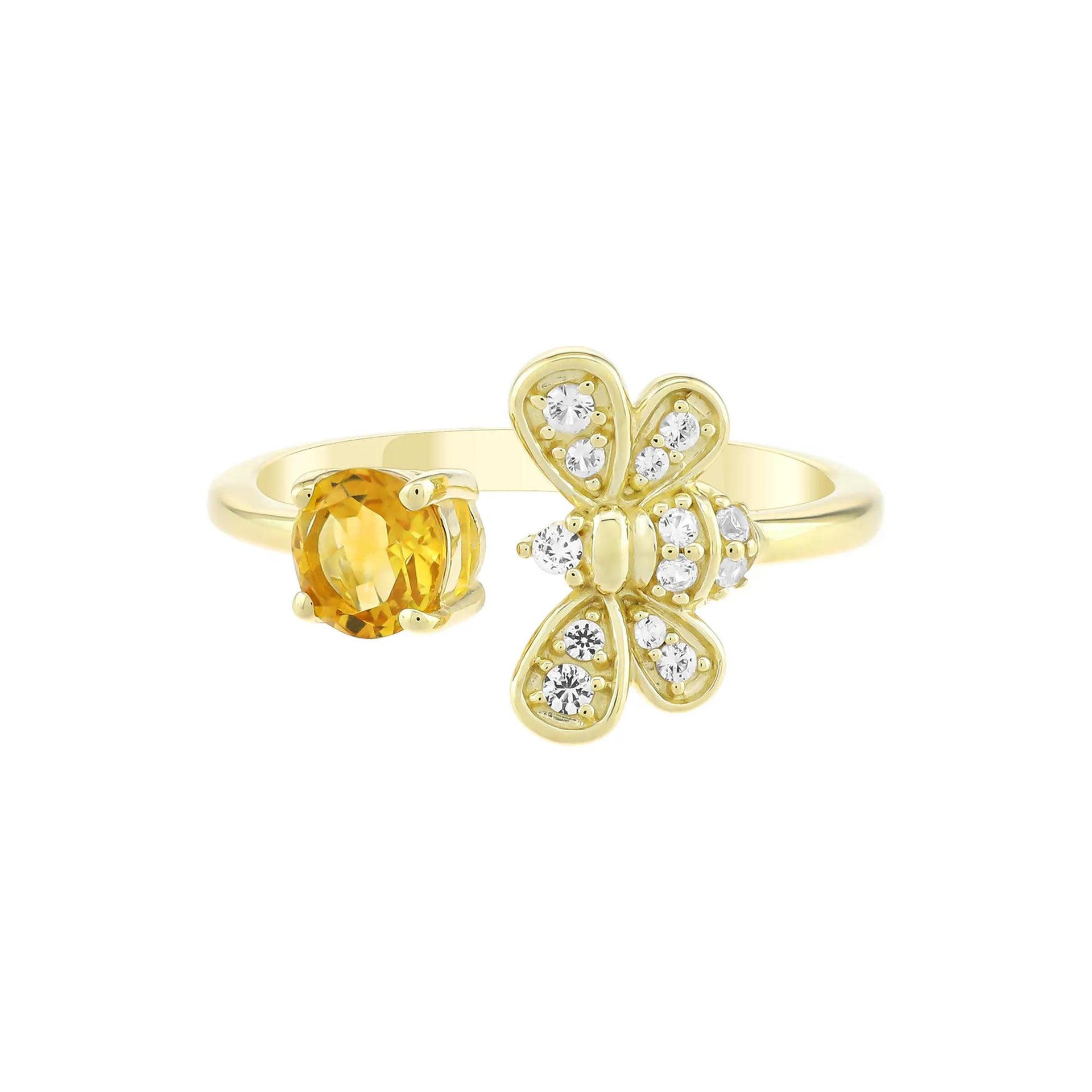 Citrine and White Sapphire Bee Ring 10K Yellow Gold Size 8 1.5mm