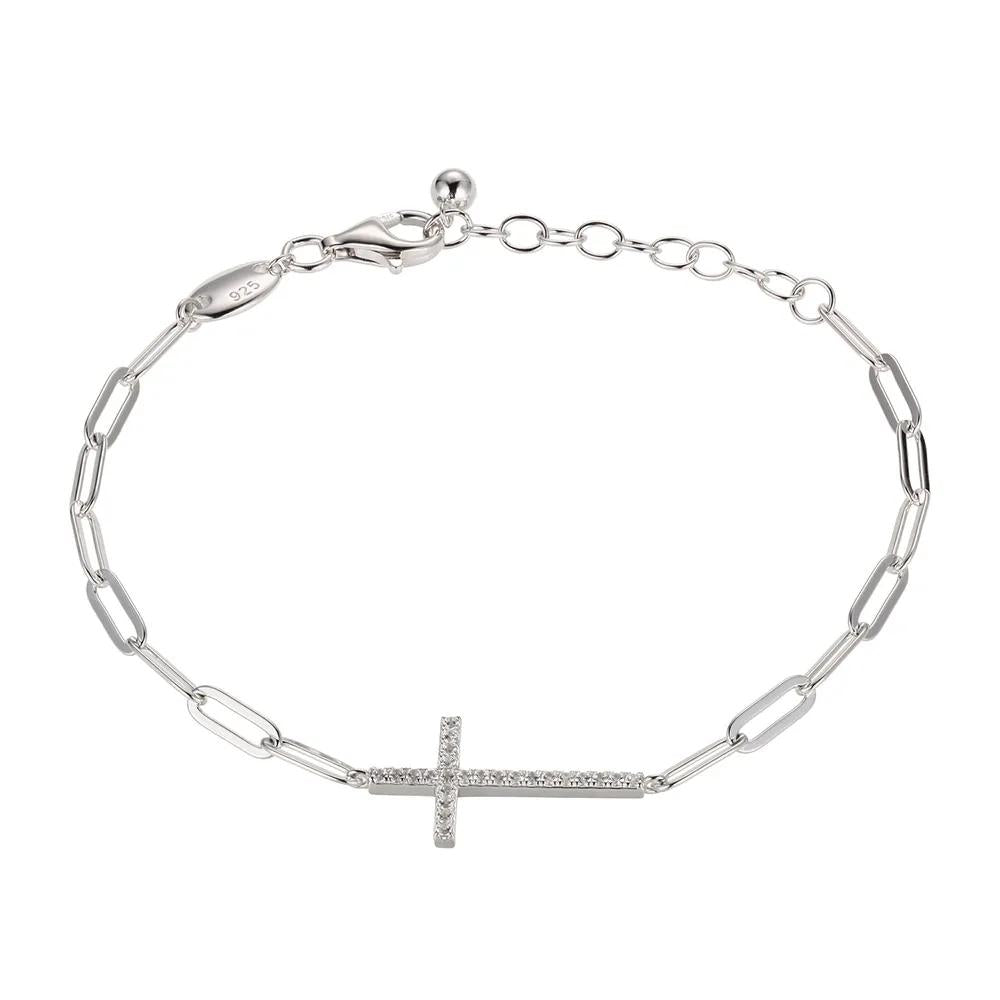 Cross Bracelet with Paperclip Chain .925 Sterling Silver White Size 22.00mm