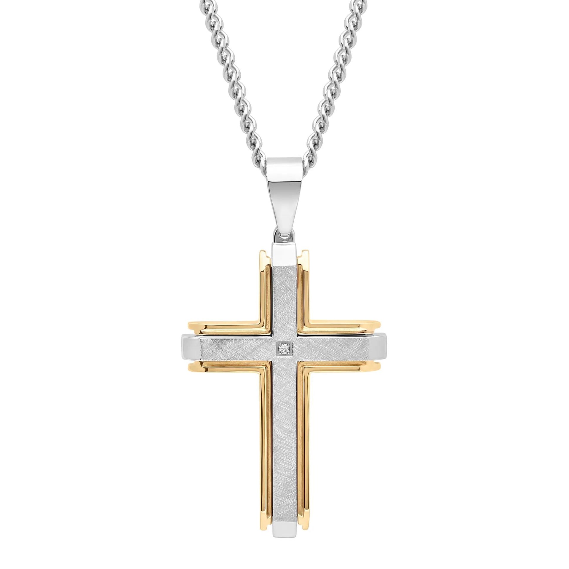 Cross Pendant Necklace with Diamond Accent Stainless Steel and Yellow Ion-Plated Stainless Steel Gray Size 24"