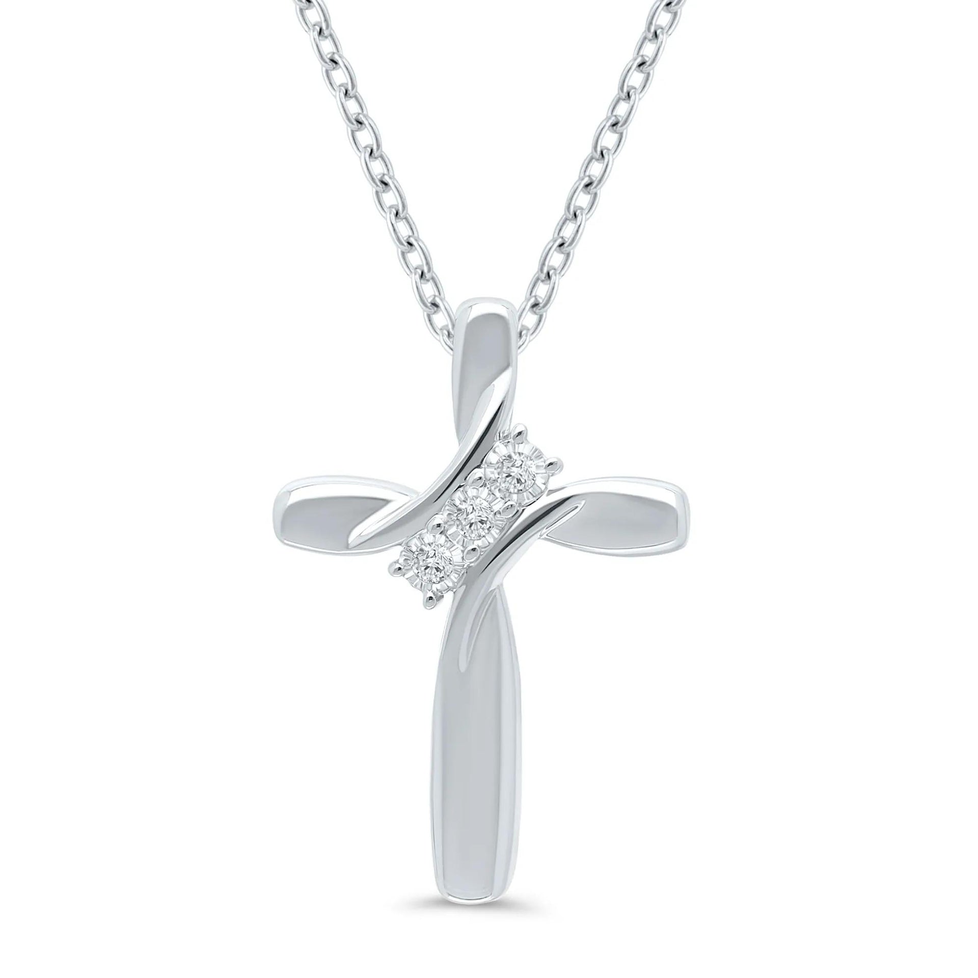 Cross Pendant Necklace with Diamond Accents .925 Sterling Silver White Size 18"