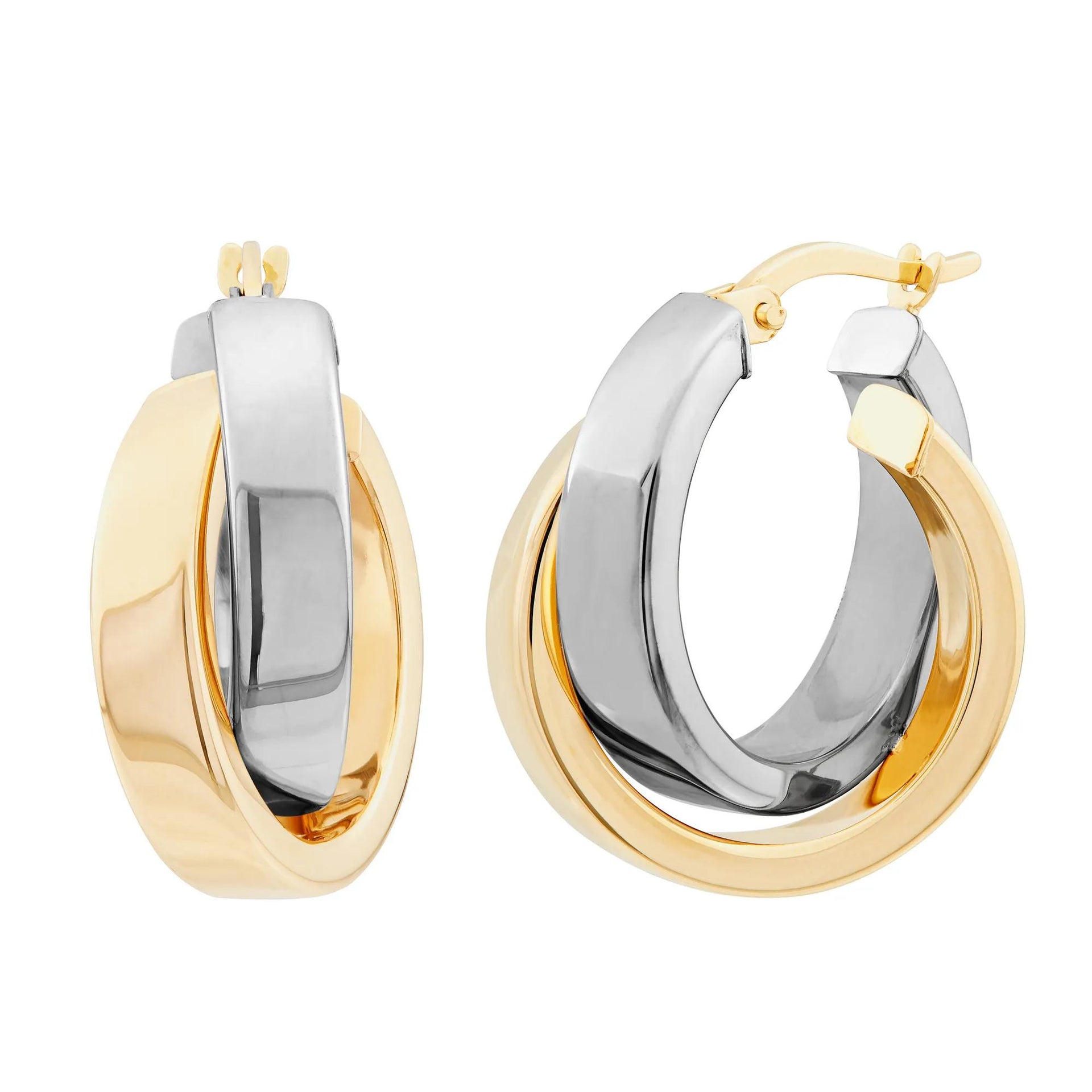 Crossover Hoop Earrings 14K Yellow and White Gold 15x Size 15.00mm