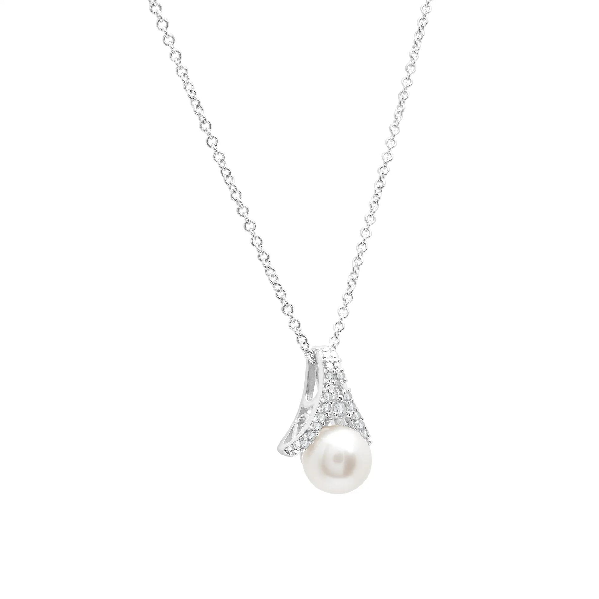Cultured Freshwater Pearl and Diamond Accent Pendant Necklace .925 Sterling Silver White Size 18"