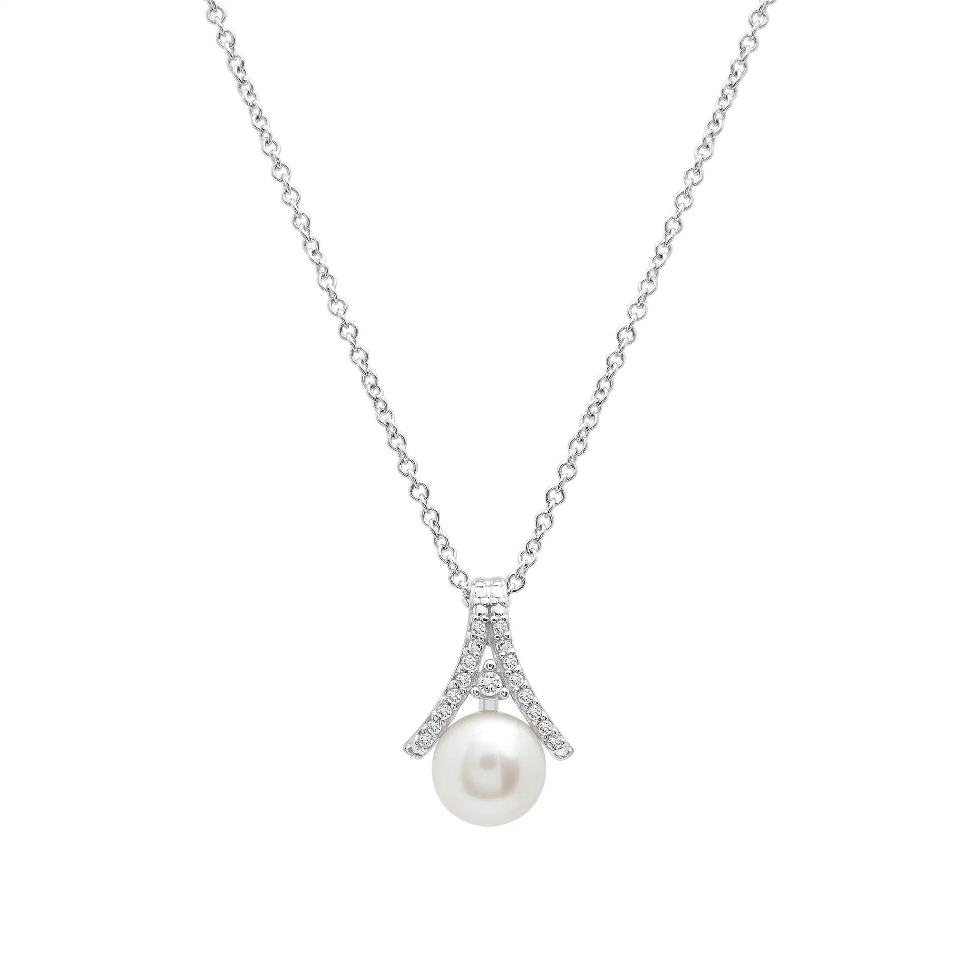 Cultured Freshwater Pearl and Diamond Accent Pendant Necklace .925 Sterling Silver White Size 18"