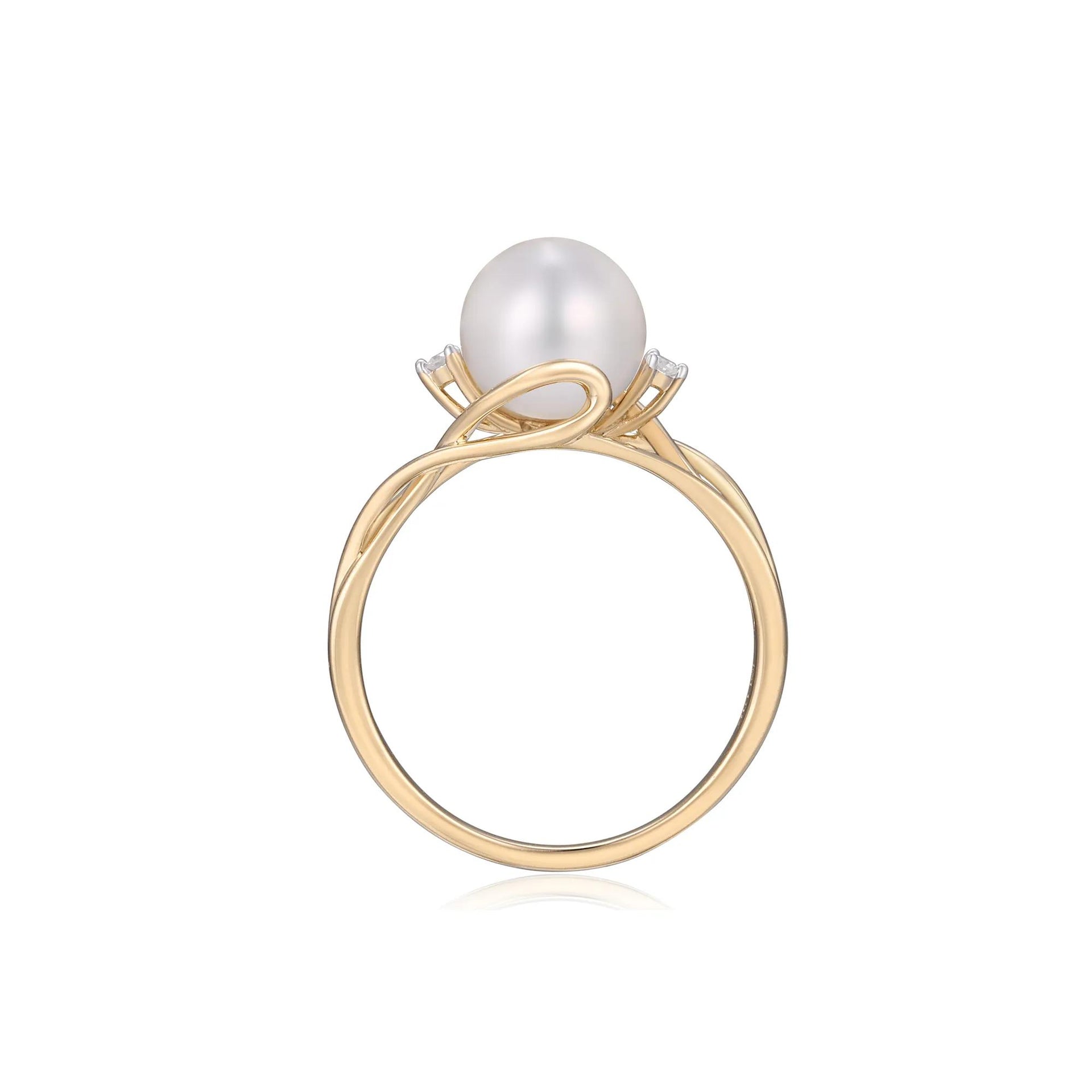 Cultured Freshwater Pearl and Diamond Accent Ring 10K Yellow Gold Round Brilliant Cut Size 6.5 2mm