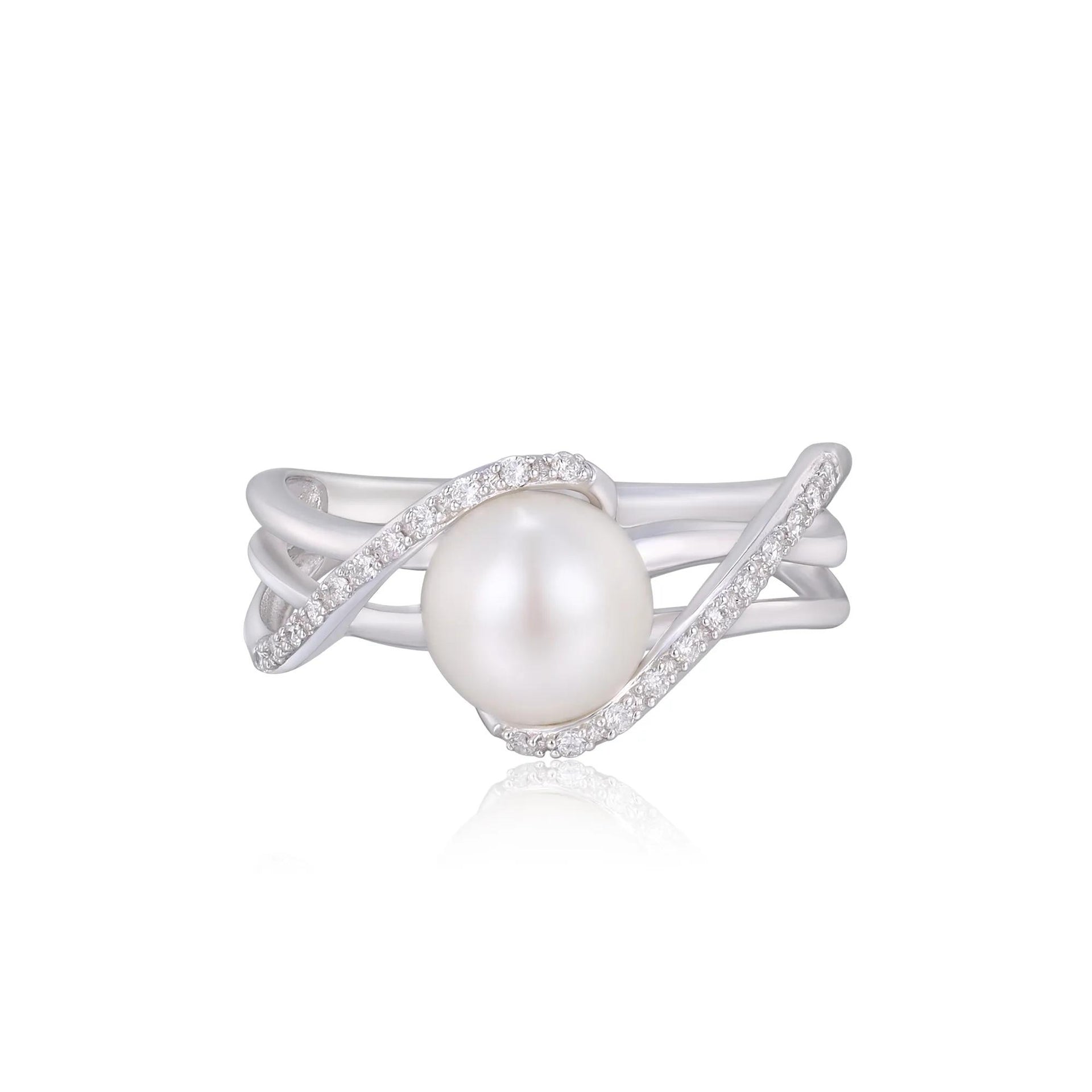 Cultured Freshwater Pearl and Diamond Ring 10K White Gold Round Brilliant Cut Size 7.5 3.5mm