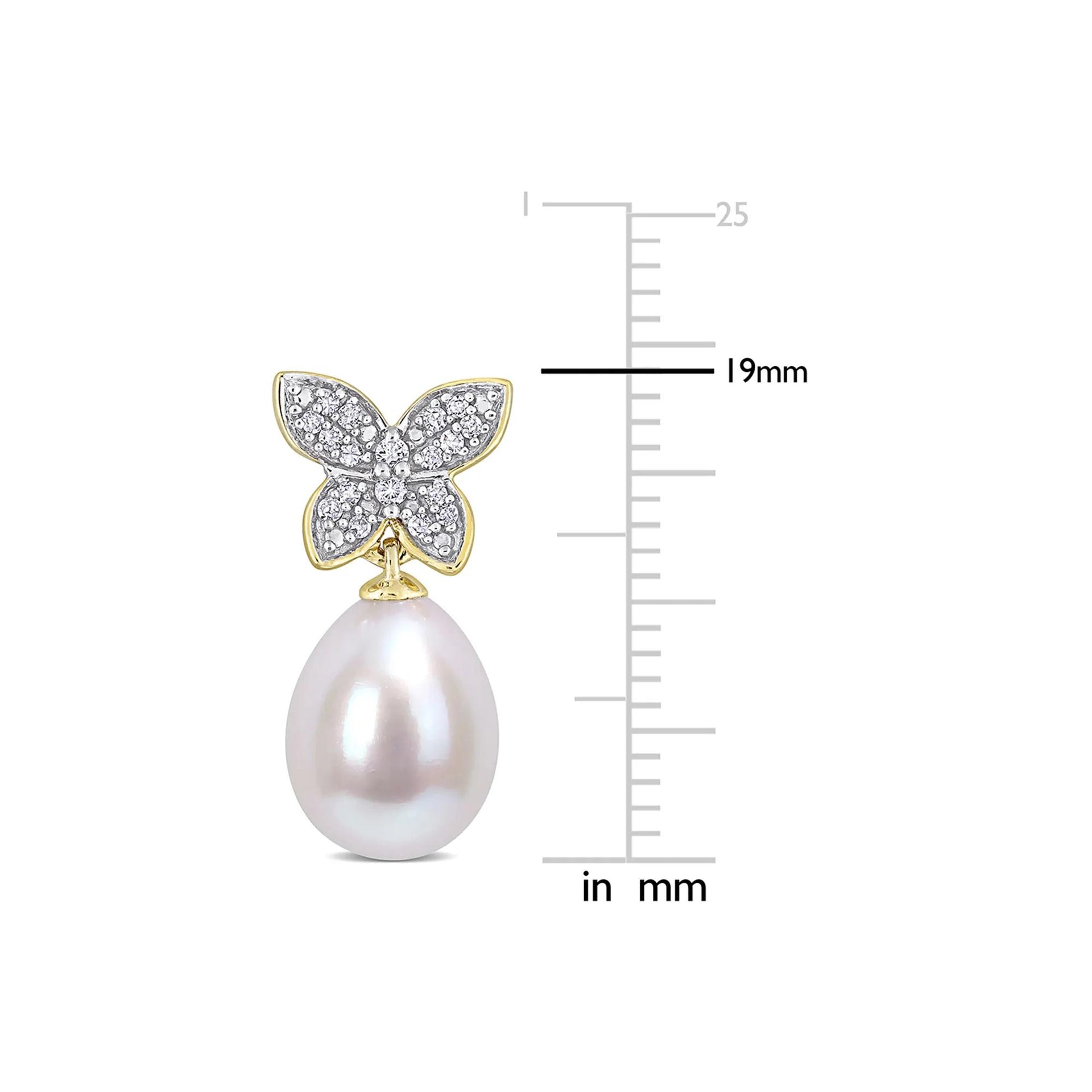 1/8 CT. Tw. Cultured Freshwater Pearl Earrings with Diamond Butterflies 10K Yellow Gold Size 9.60mm
