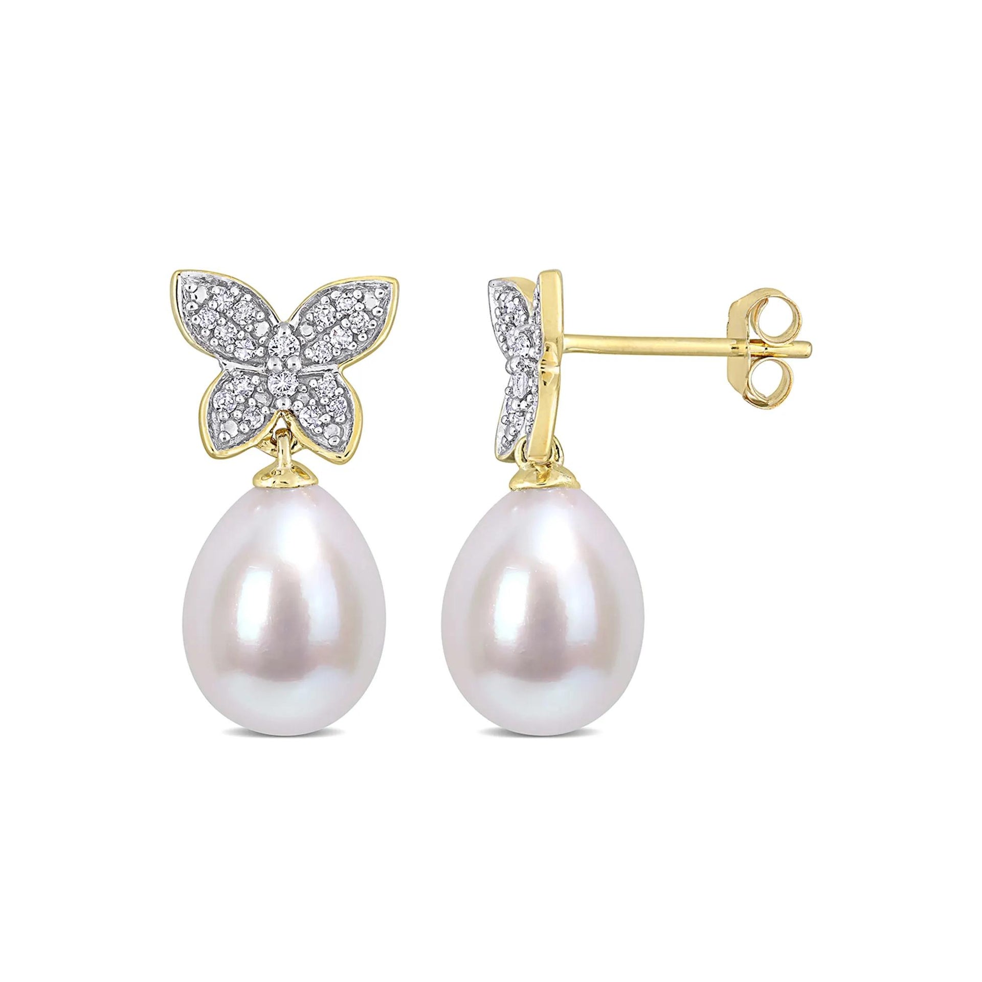 1/8 CT. Tw. Cultured Freshwater Pearl Earrings with Diamond Butterflies 10K Yellow Gold Size 9.60mm