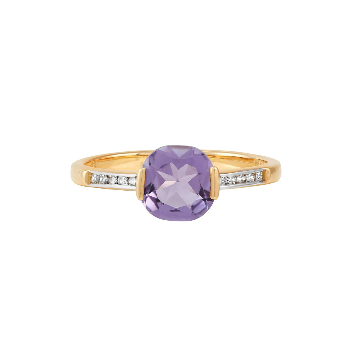 1/10 CT. Tw. Cushion-Cut Amethyst and Diamond Ring 10K Yellow Gold Round Brilliant Cut Size 8 1mm