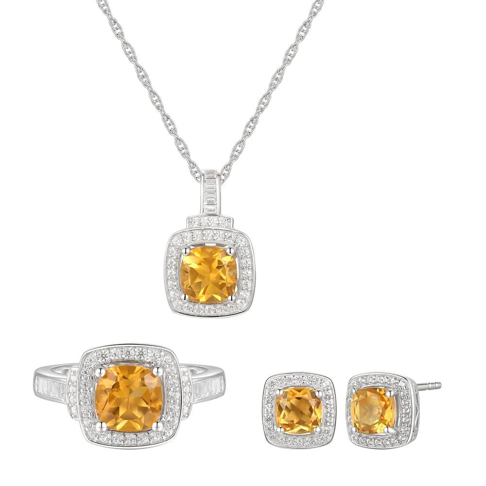 Cushion-Cut Citrine & Lab Created White Sapphire Earring Pendant Necklace & Ring Set .925 Sterling Silver Size 7.5