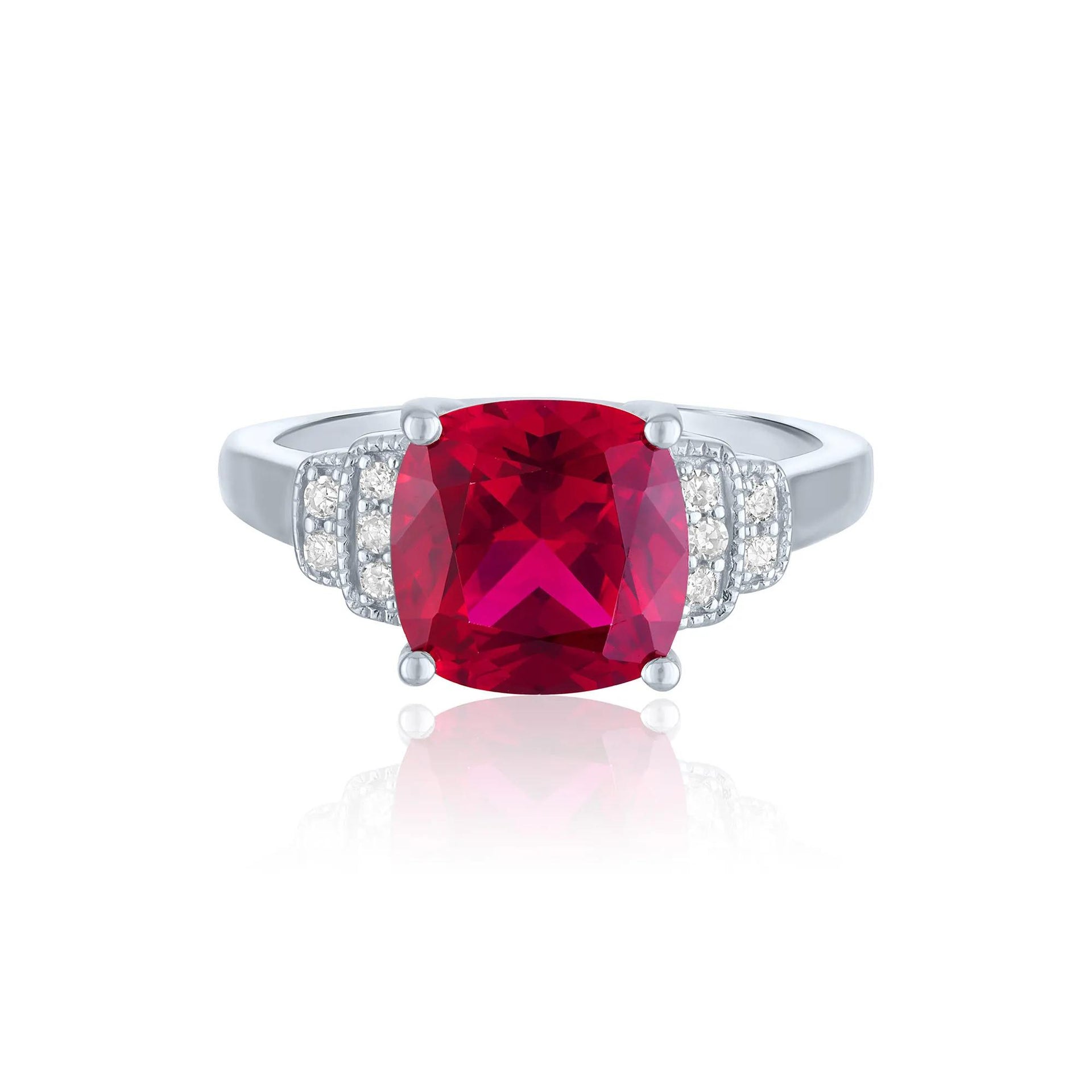 1/10 CT. Tw. Cushion-Cut Lab-Created Ruby & Diamond Ring .925 Sterling Silver White Size 7 1mm
