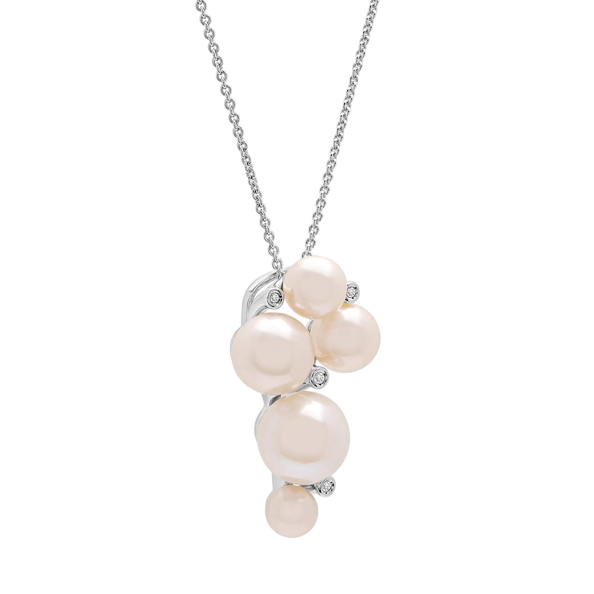 Diamond Accent and Freshwater Cultured Pearl Pendant Necklace .925 Sterling Silver White Size 18"