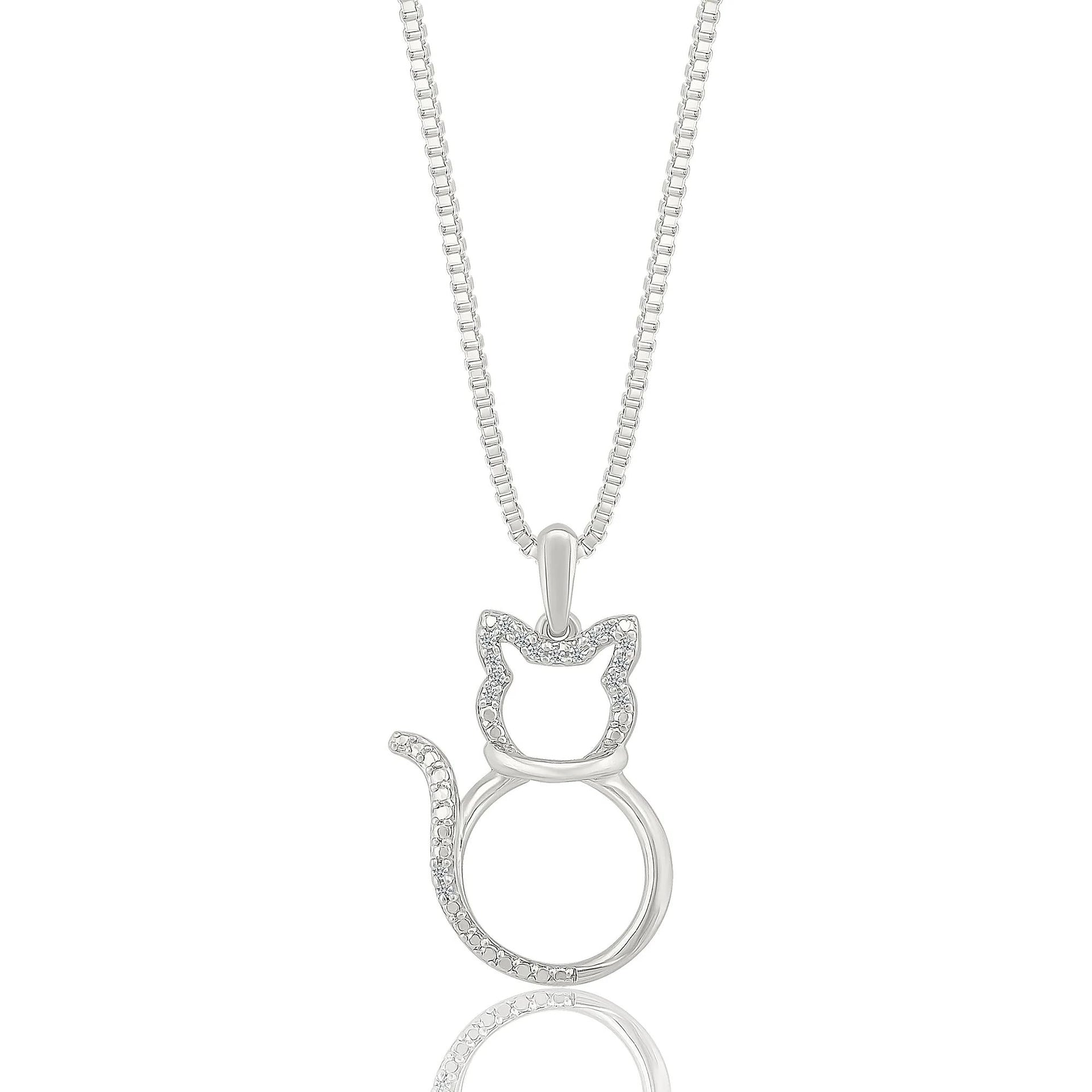 Diamond Accent Cat Pendant Necklace .925 Sterling Silver White Size 18"