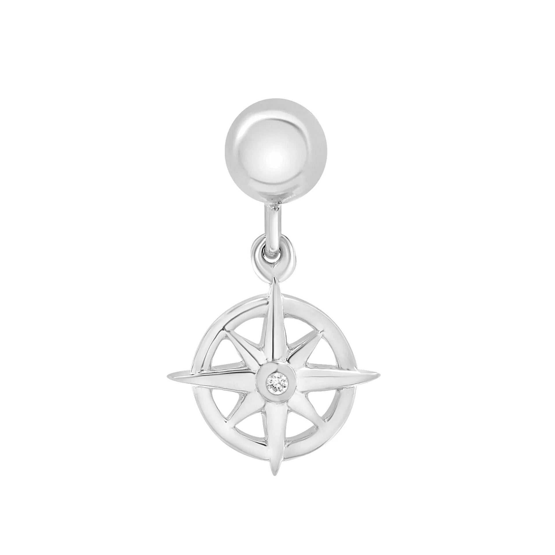 Diamond Accent Compass Bead Charm .925 Sterling Silver White Size 14.00mm