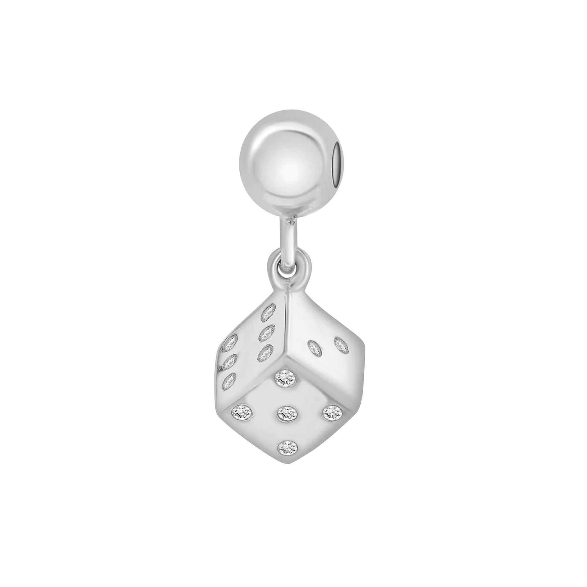Diamond Accent Dice Bead Charm .925 Sterling Silver White Size 12.80mm