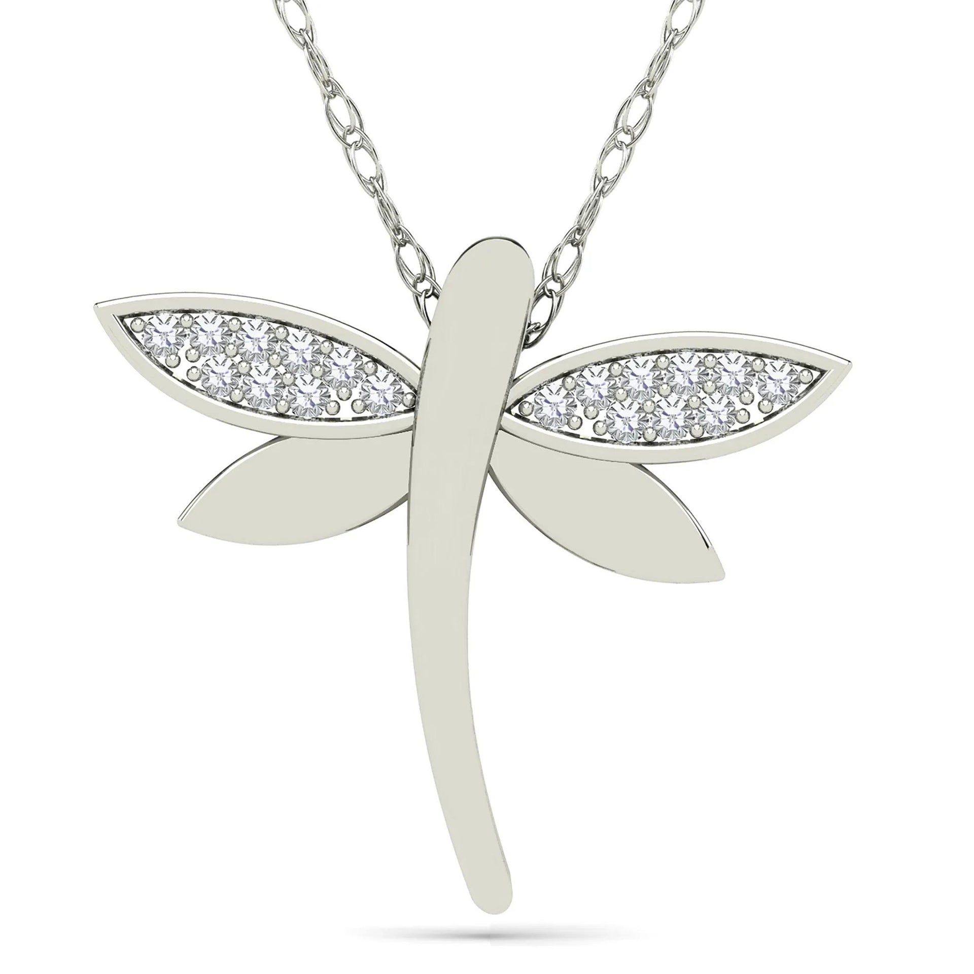 Diamond Accent Dragonfly Pendant Necklace 10K White Gold Size 18"