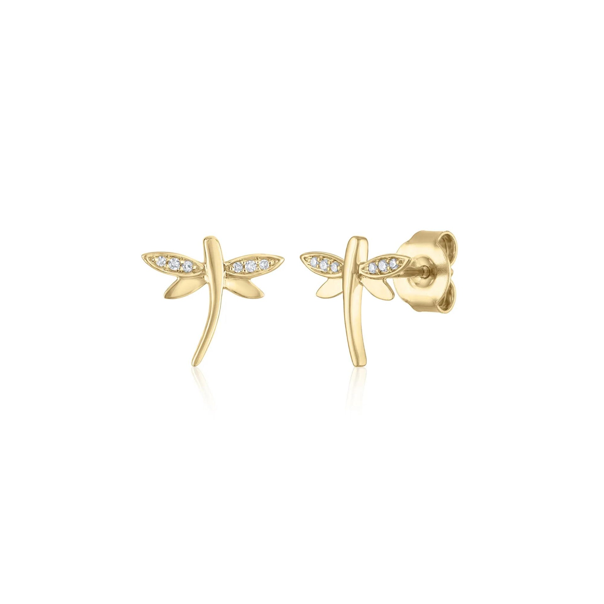 Diamond Accent Dragonfly Stud Earrings 10K Yellow Gold Size 10.00mm