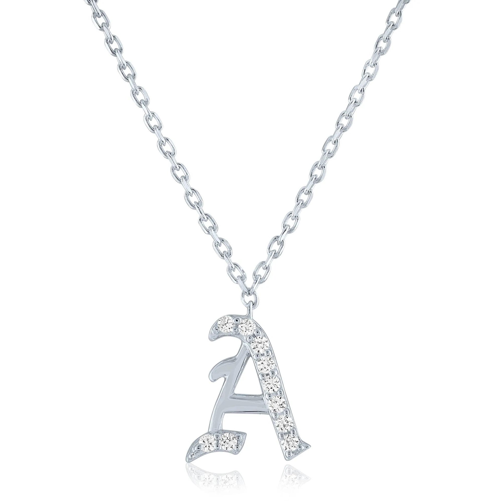 Diamond Accent Gothic Script a Initial Pendant Necklace .925 Sterling Silver White Size 18"